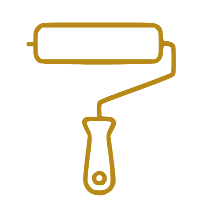 Outline of a paint roller, gold-colored on a black background.