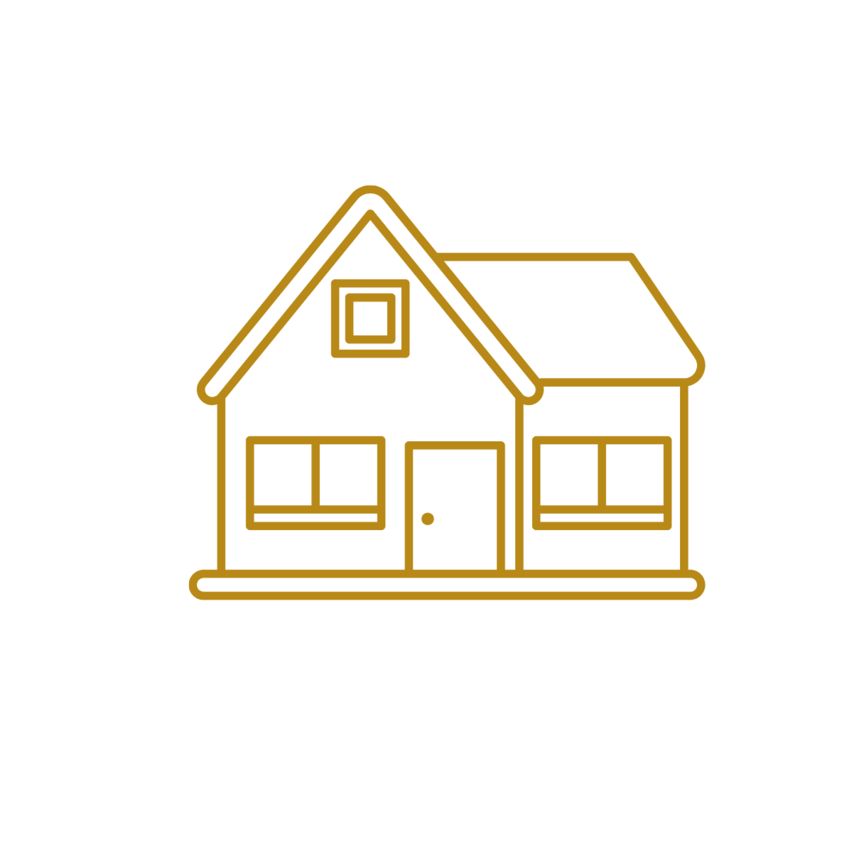 Outline of a house with a gable roof, two front windows, a front door, and a small window on the upper floor, all drawn with gold lines on a black background.
