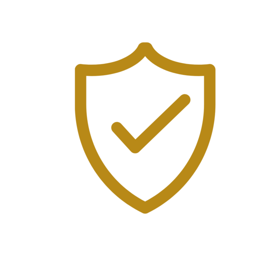 A gold shield with a check mark in the center on a black background, symbolizing security or protection.