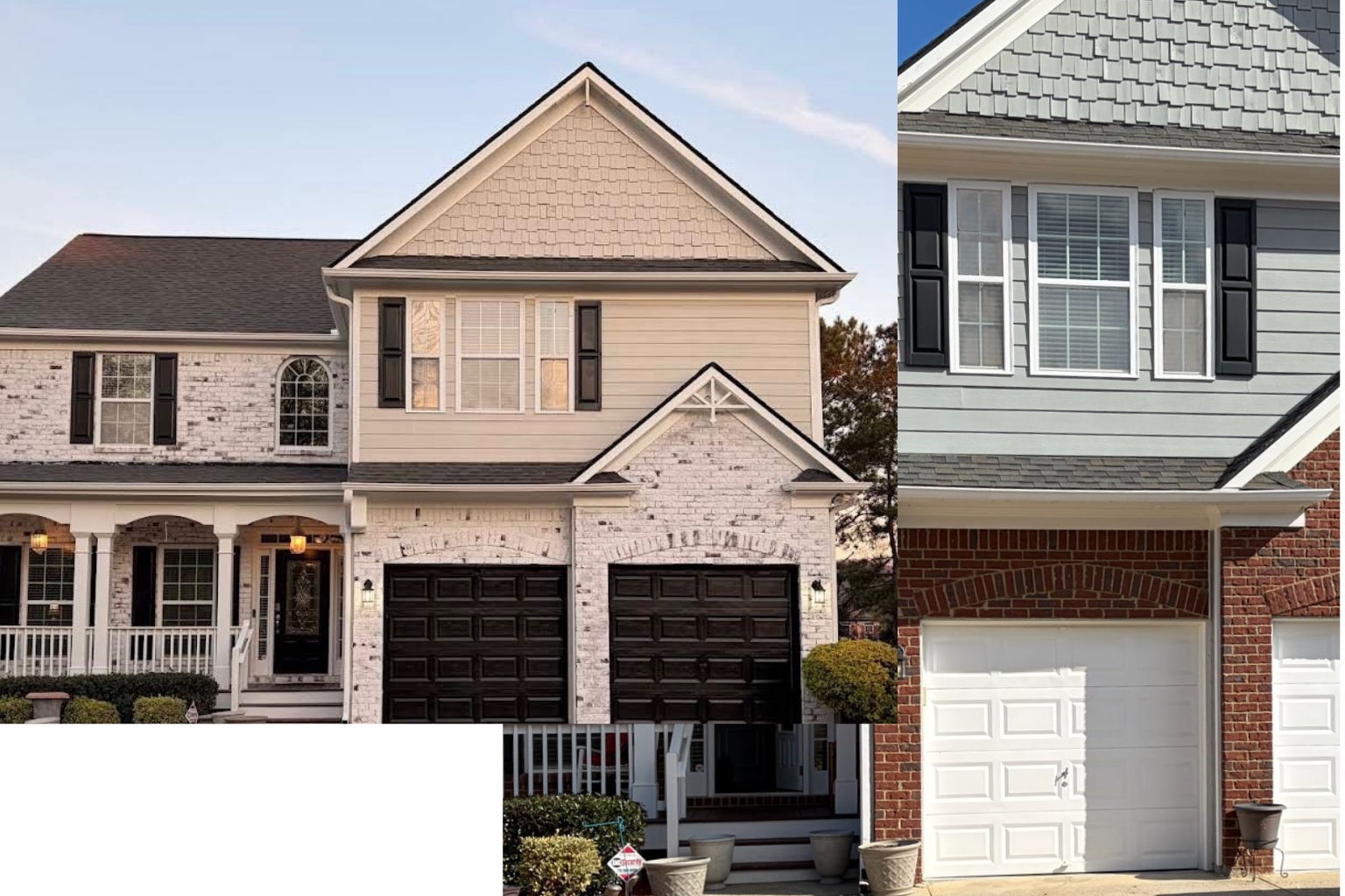 Comparison of two houses with different exterior styles, featuring brick and siding, white, black, and gray colors, and different window and garage designs.