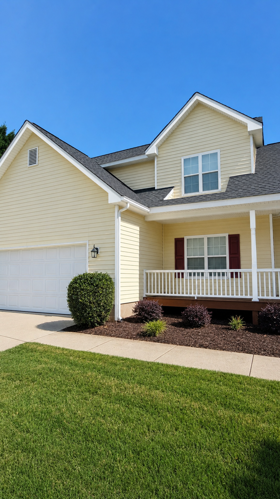 Yellow two-story house with a white garage door, a small porch with white railing, dark shutters, a landscaped front yard with green grass, bushes, and plants, under a clear blue sky.