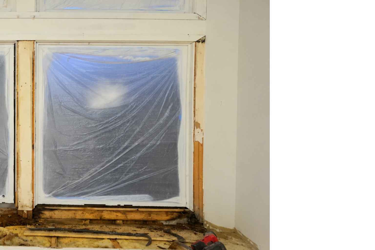 A window covered with plastic sheeting during home renovation, with visible wooden framing and tools on the floor.