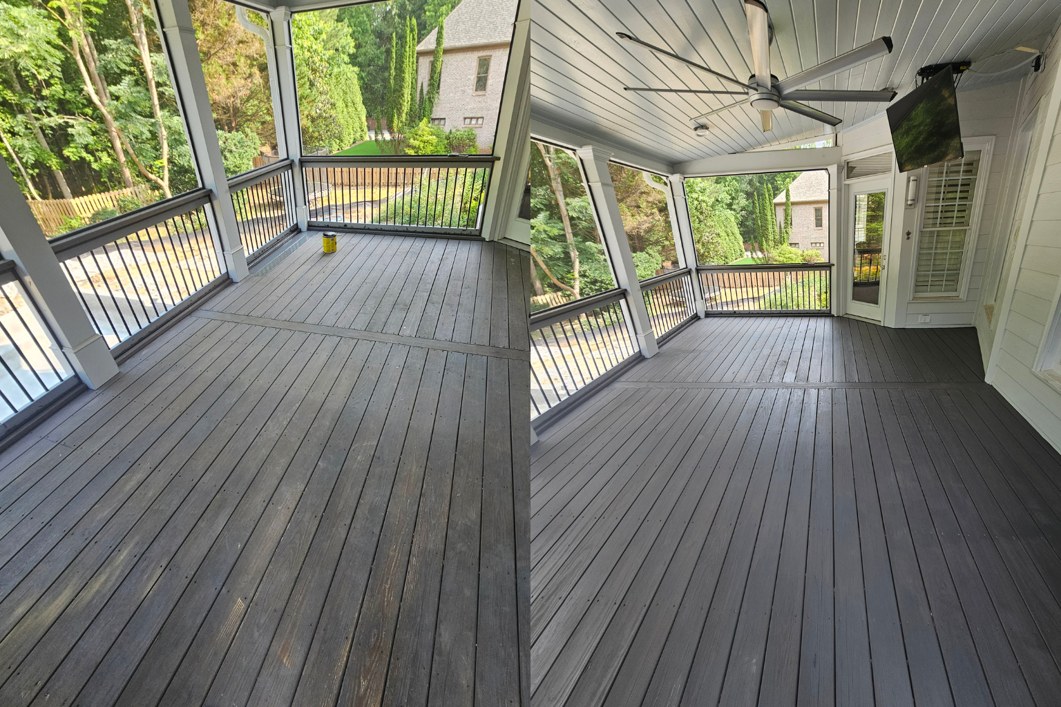 Comparison of two images showing a house porch or balcony with wooden flooring and railing, with trees and houses in the background. The left image appears older or less finished, while the right image is newer or more renovated, with a ceiling fan and enclosed walls with windows and a door.