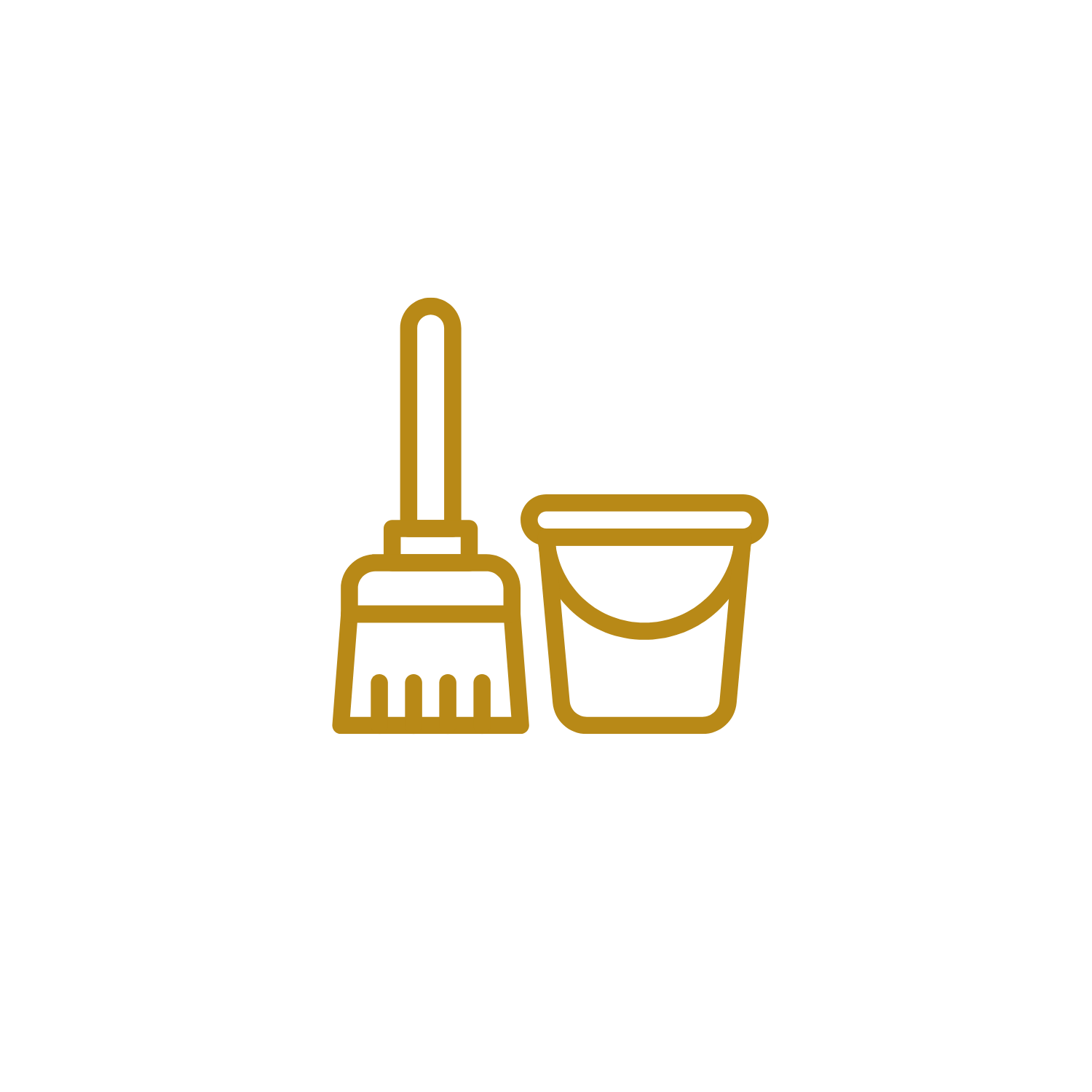 Line drawing of a broom and a bucket on a black background.