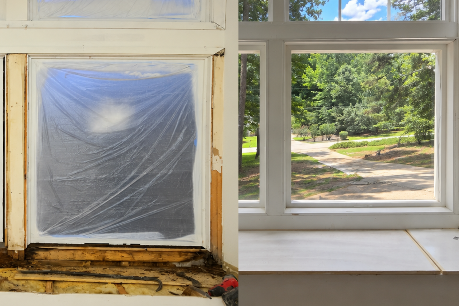 A before and after of a window replacement. The left side shows a window with a plastic sheet taped over it, damaged and surrounded by peeling paint and framing. The right side shows a finished window with a clear glass view of trees and a driveway outside, with a clean and painted frame.