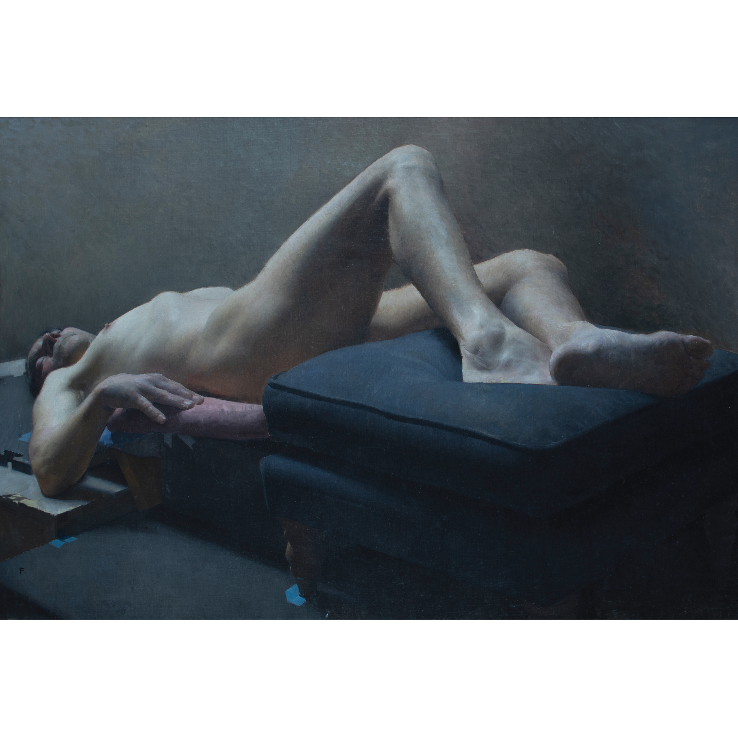 Reclining Santiago (2026) by Quebec artist Fabrice Grimard. An oil painting on canvas depicting a reclining male figure. Painted in the classical academic style.
