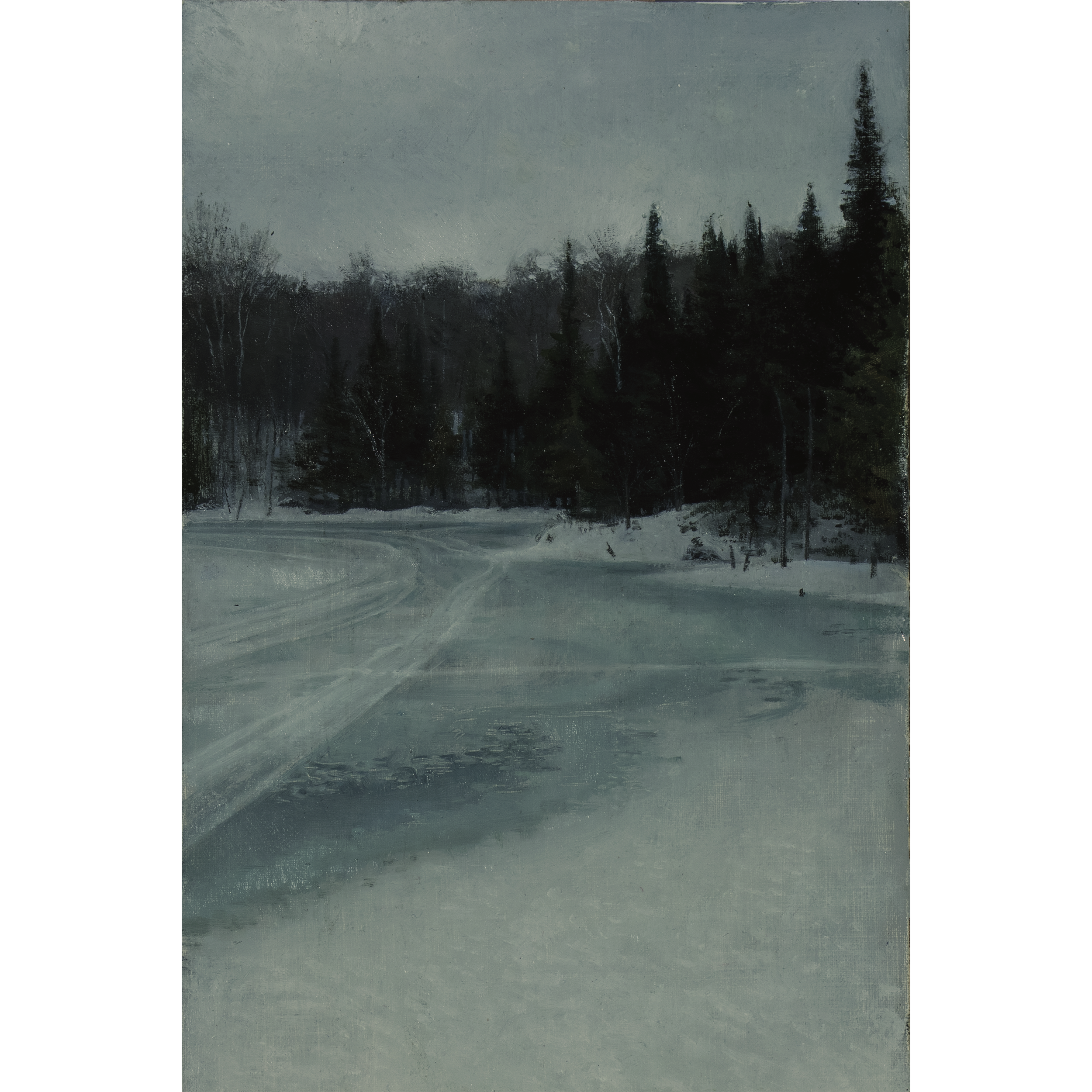 Icy Lake and Evergreens (2026) by Quebec artist Fabrice Grimard. An oil painting on canvas depicting a snowy and icy lake with evergreens. Painted in the classical academic style.