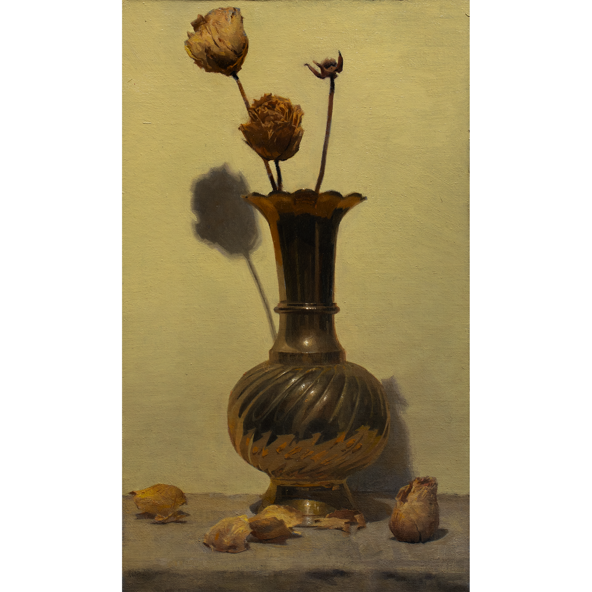 Gold Vase and Flower (2026) by Quebec artist Fabrice Grimard. An oil painting on canvas depicting a gold vase and flower. Painted in the classical academic style.