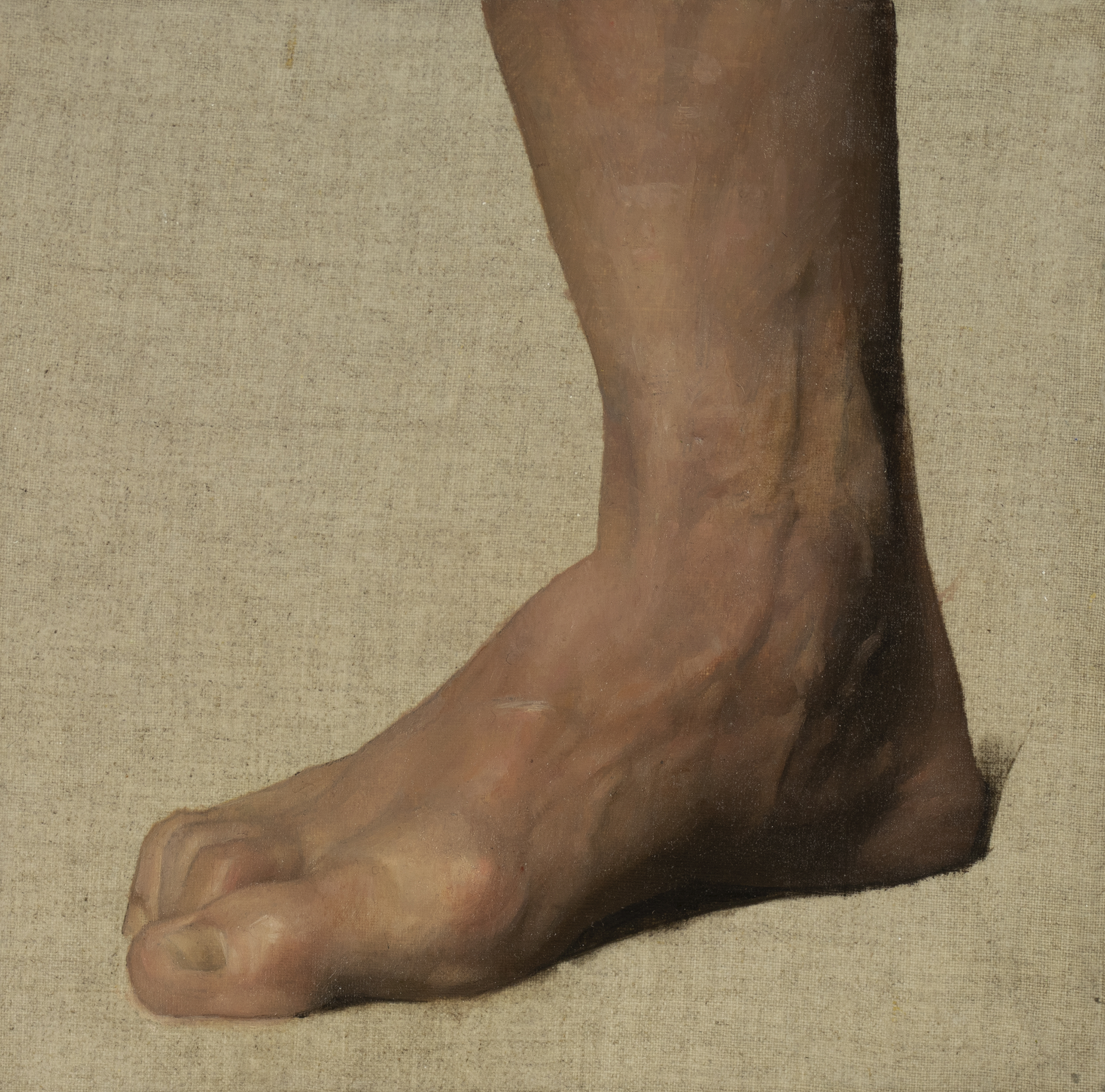 Freedy's Feet (2024) by Quebec artist Fabrice Grimard. An oil painting on canvas depicting the foot of an older man. Painted in the classical academic style.
