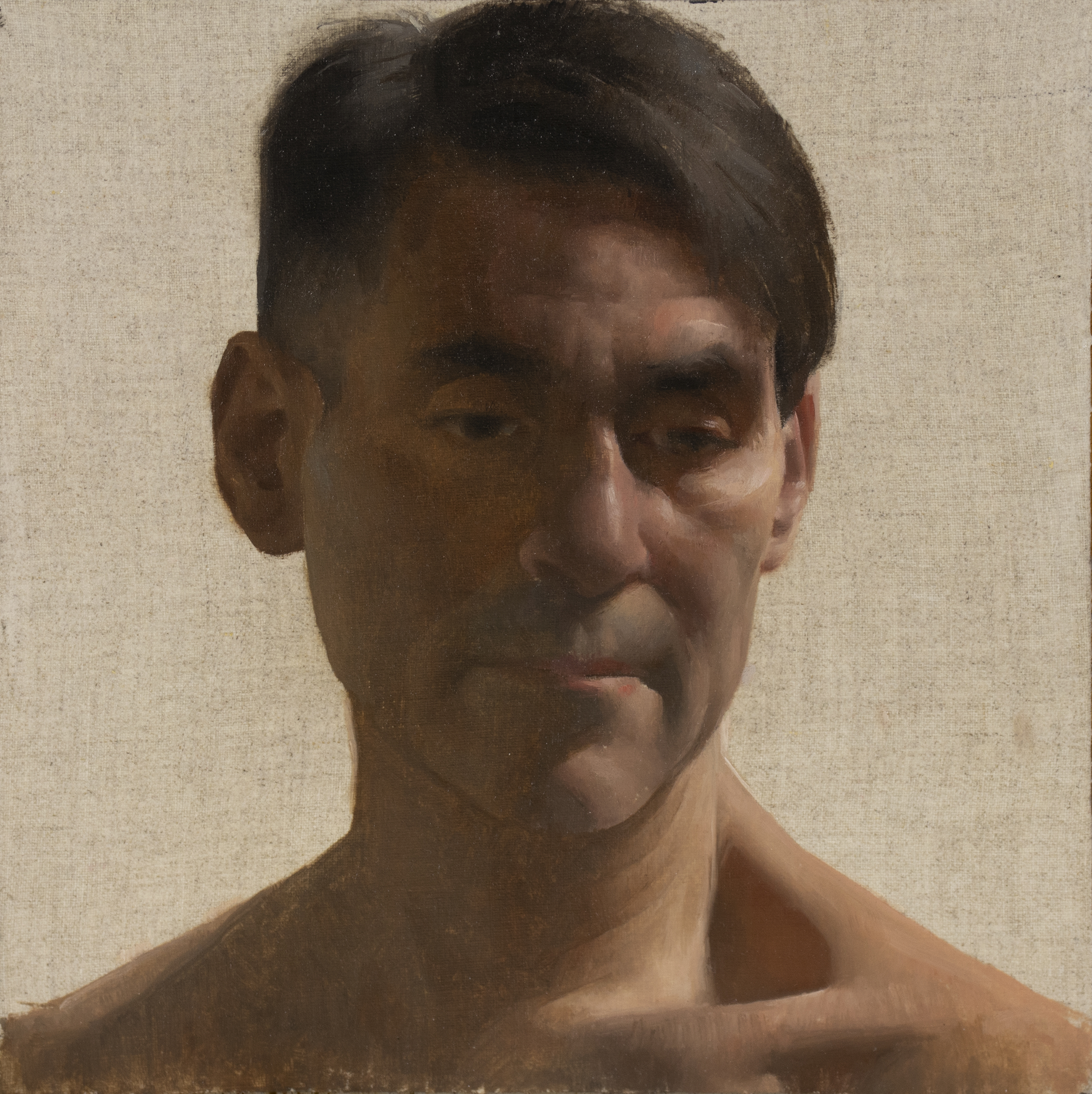 Portrait of Santiago (2025) by Quebec artist Fabrice Grimard. An oil painting on canvas depicting the portrait of a man. Painted in the classical academic style.