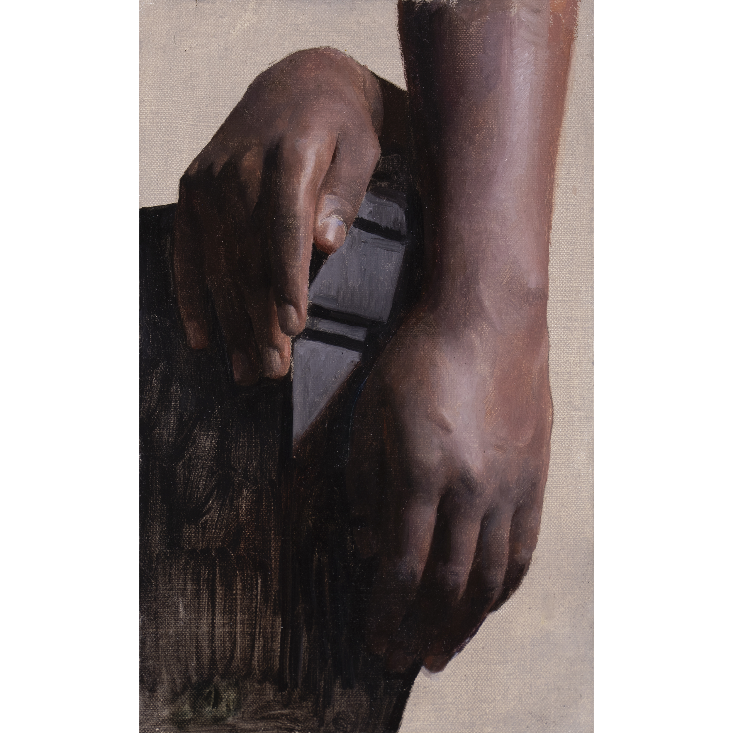 Ashari's hand (2024) by Quebec artist Fabrice Grimard. An  oil painting on canvas depicting a pair of hands. Painted in the classical academic style.
