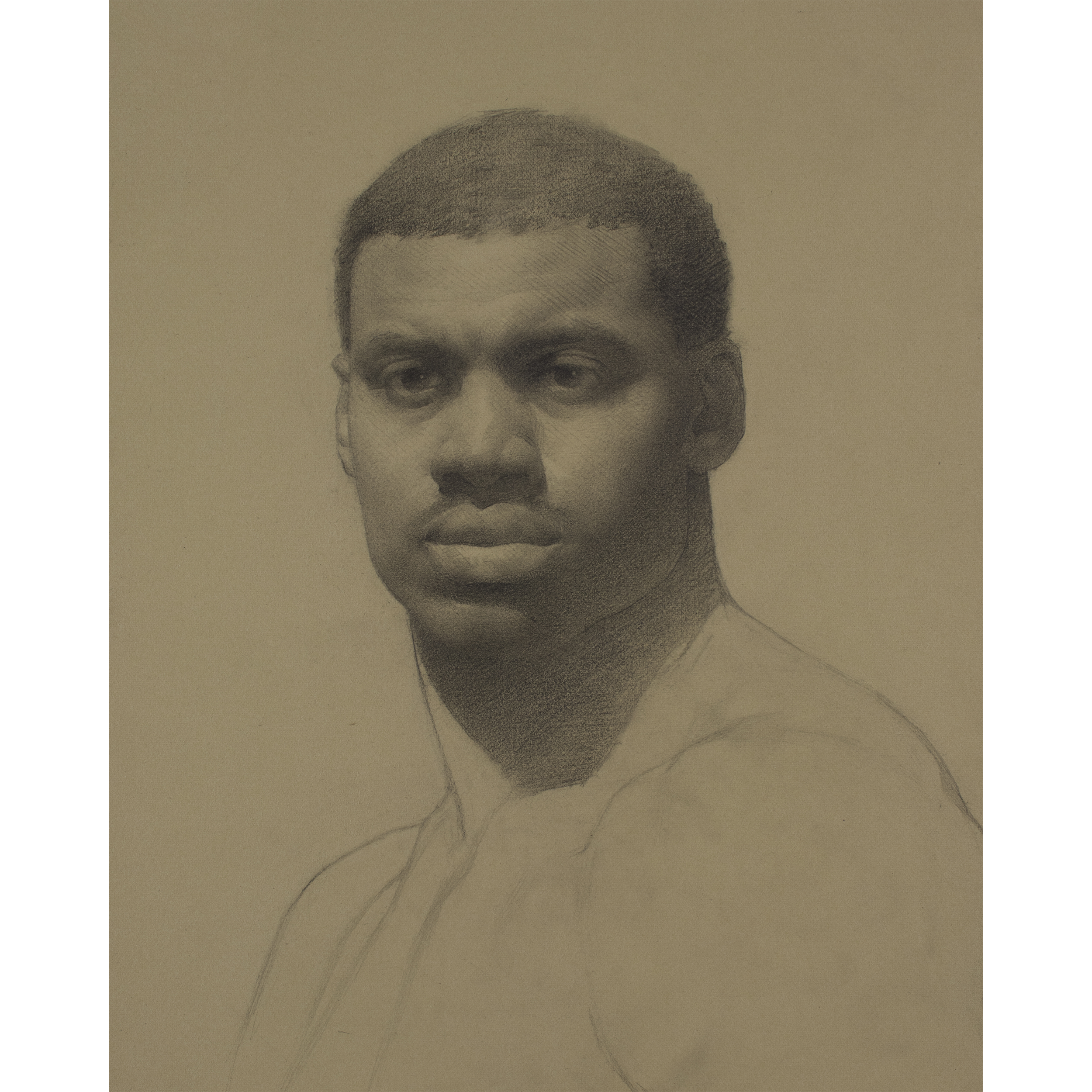 Ricardo's Portrait (2024) by Quebec artist Fabrice Grimard. A graphite drawing on toned paper depicting the portrait of a muscular man. Drawn in the classical academic style.