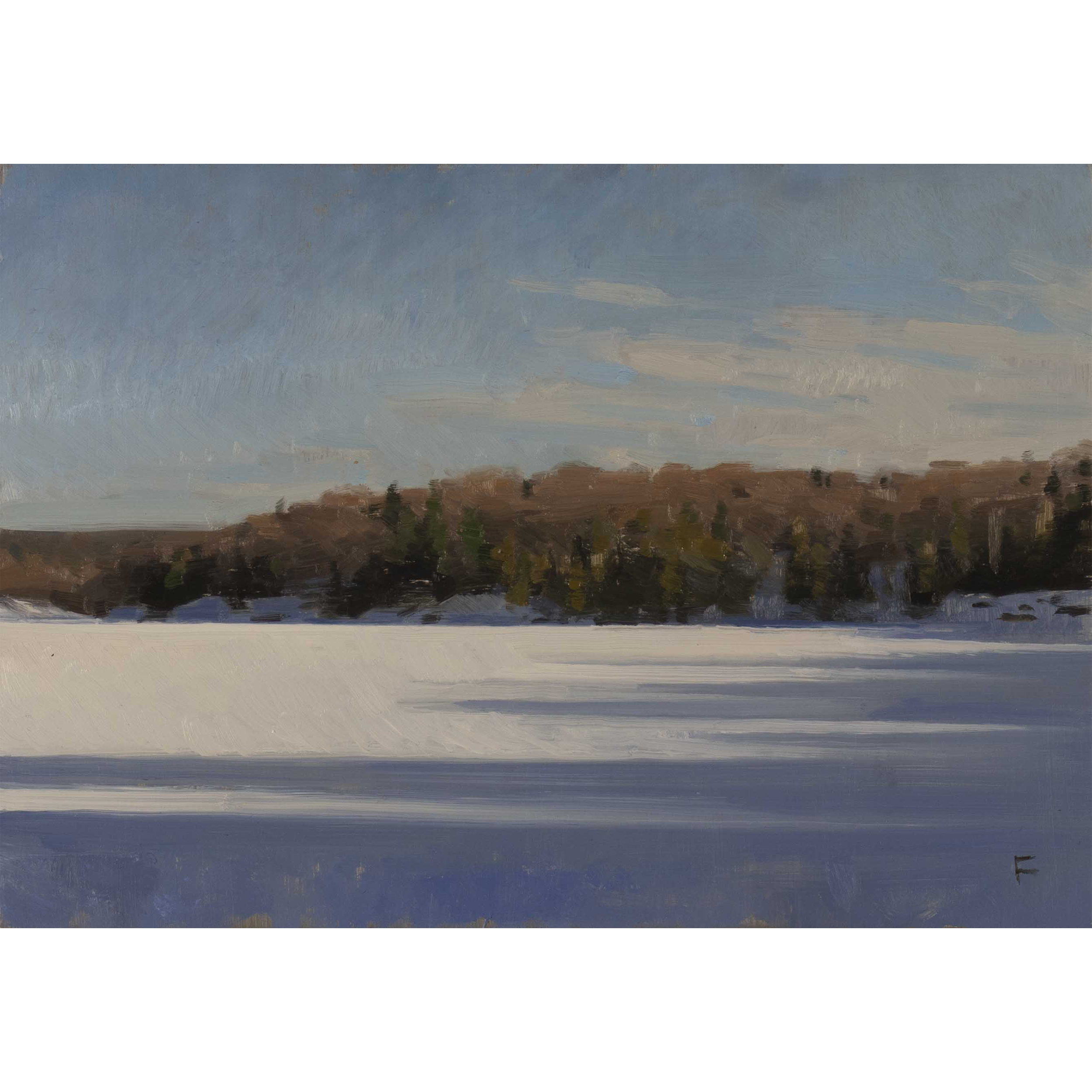 Winter Lake (2025) by Quebec artist Fabrice Grimard. An oil painting on panel depicting a winter lake. Painted in the classical academic style.
