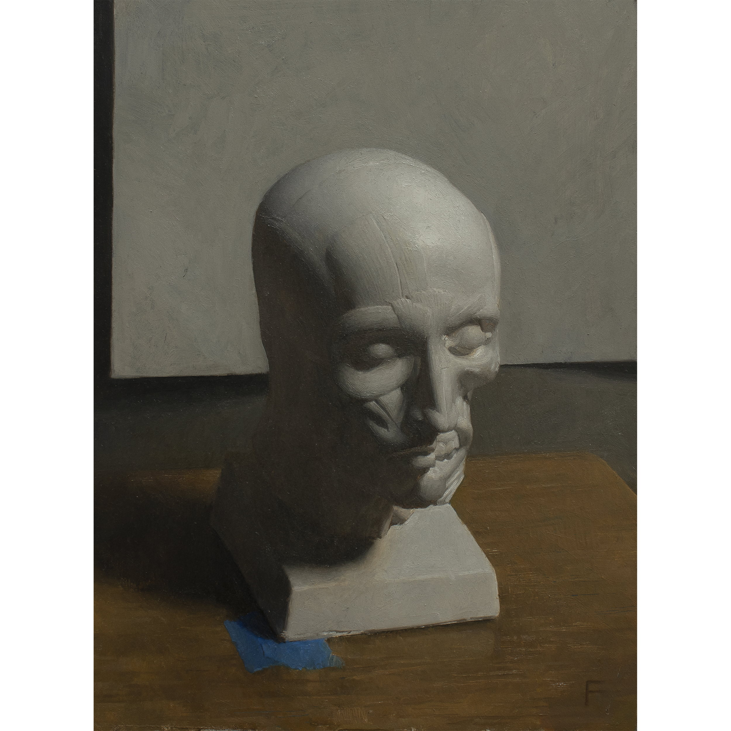 Cast of an Écorché (2024) by Quebec artist Fabrice Grimard. An oil painting on panel depicting a cast of a écorché head. Painted in the classical academic style.