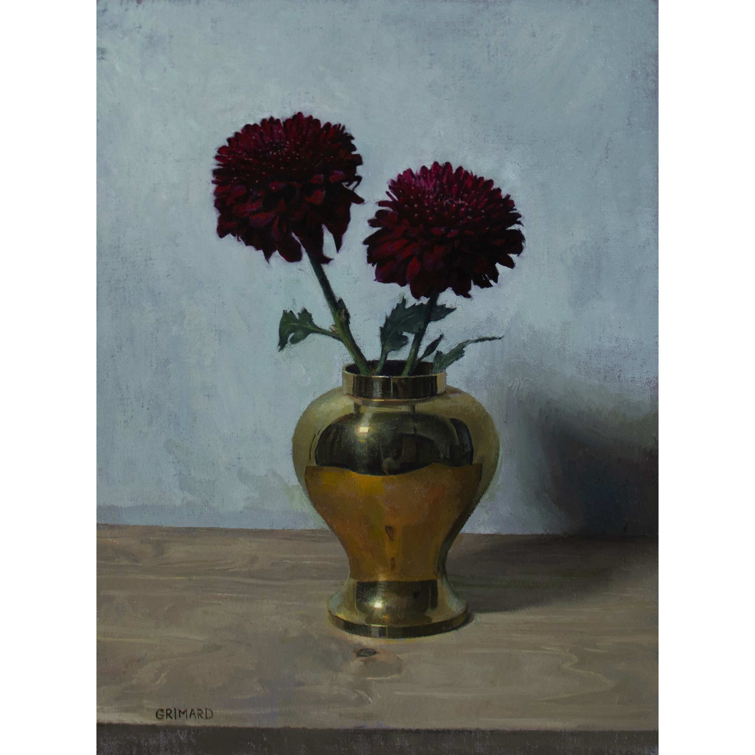 Red Flowers (2026) by Quebec artist Fabrice Grimard. An oil painting on canvas depicting a gold vase and red flowers. Painted in the classical academic style.