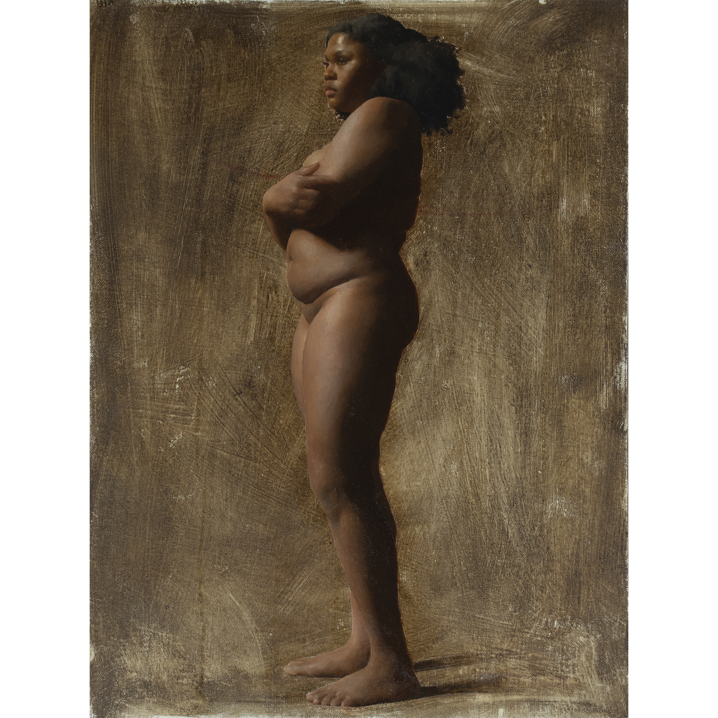 Aja's Figure (2023) by Quebec artist Fabrice Grimard. An oil painting on canvas depicting a nude black women's figure. Painted in the classical academic style.