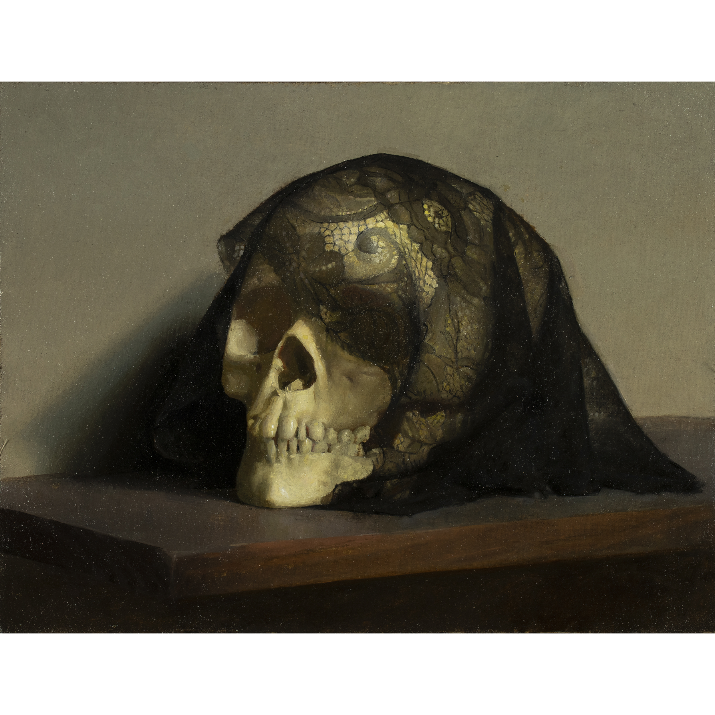 Skull with Veil (2024) by Quebec artist Fabrice Grimard. An oil painting on canvas depicting skull with a black veil. Painted in the classical academic style.