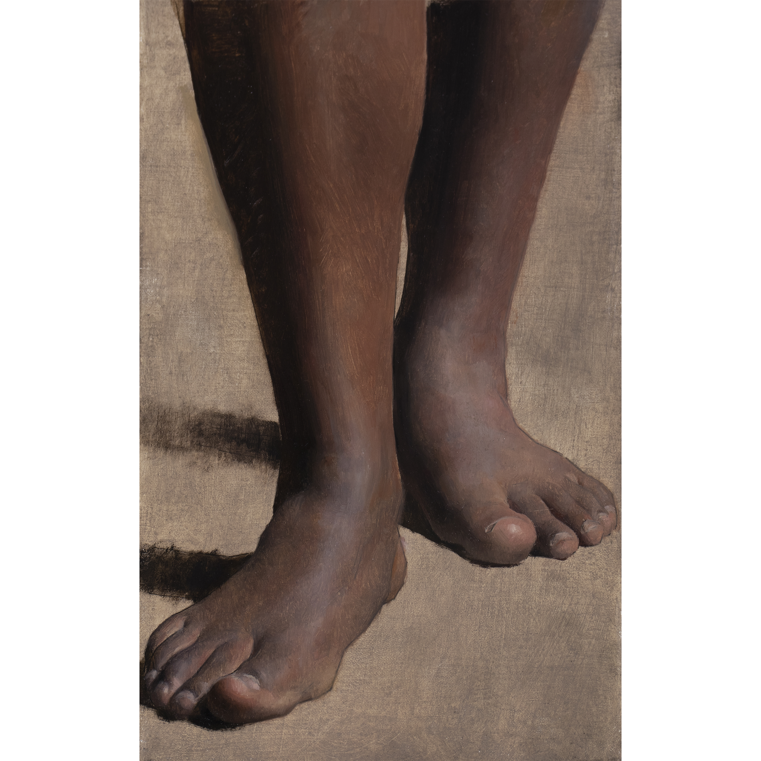 Ashari's Feet (2024) by Quebec artist  Fabrice Grimard. An oil painting on canvas depicting the feet of a black man. Painted in the classical academic style.