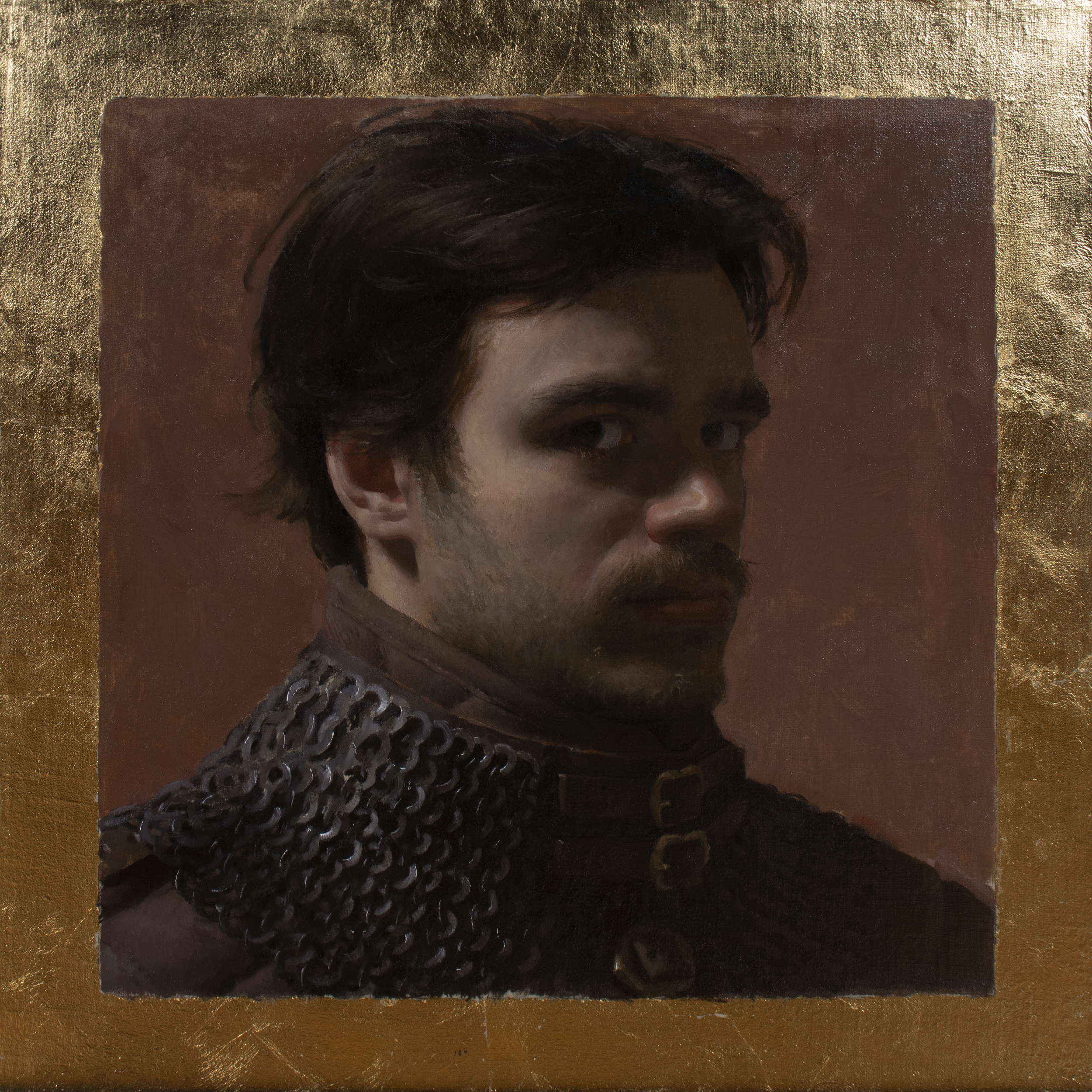 Self-Portrait with a Bishop's Mantle (2025) by Quebec artist Fabrice Grimard. An oil painting on canvas depicting Fabrice Grimard wearing a Bishop's Mantle. Painted in the classical academic style.