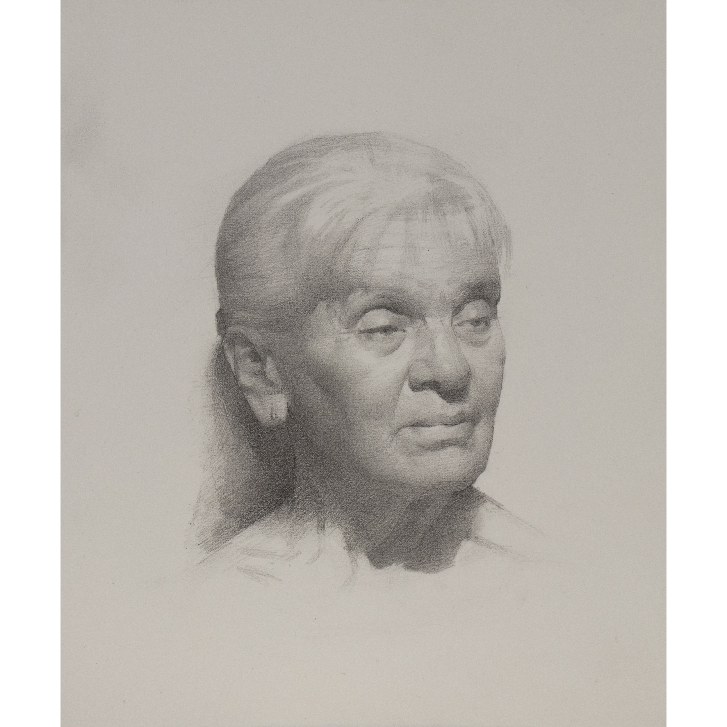 Portrait of Cathy (2025) by Quebec artist Fabrice Grimard. A graphite drawing on paper depicting the portrait of an older woman. Drawn in the classical academic style.