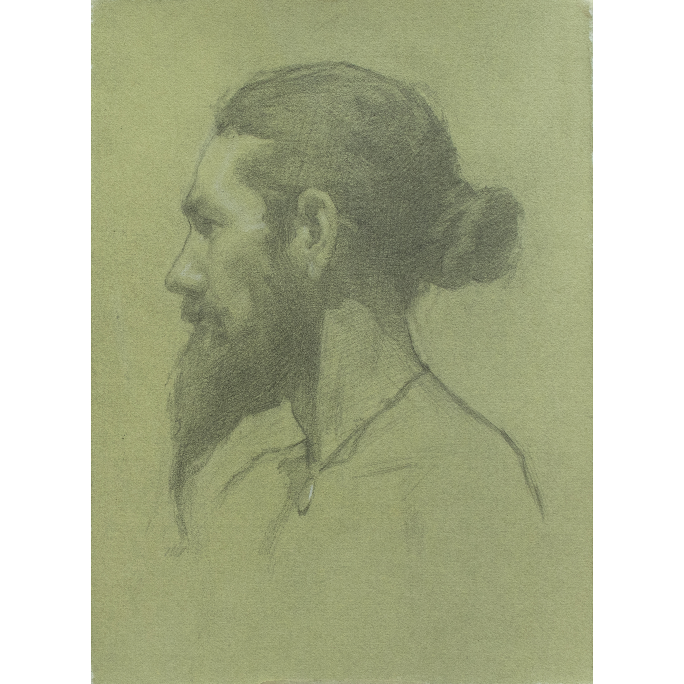 Filip's Portrait (2022) by Quebec artist Fabrice Grimard. A graphite drawing on toned paper depicting the portrait of a bearded man. Drawn in the classical academic style.