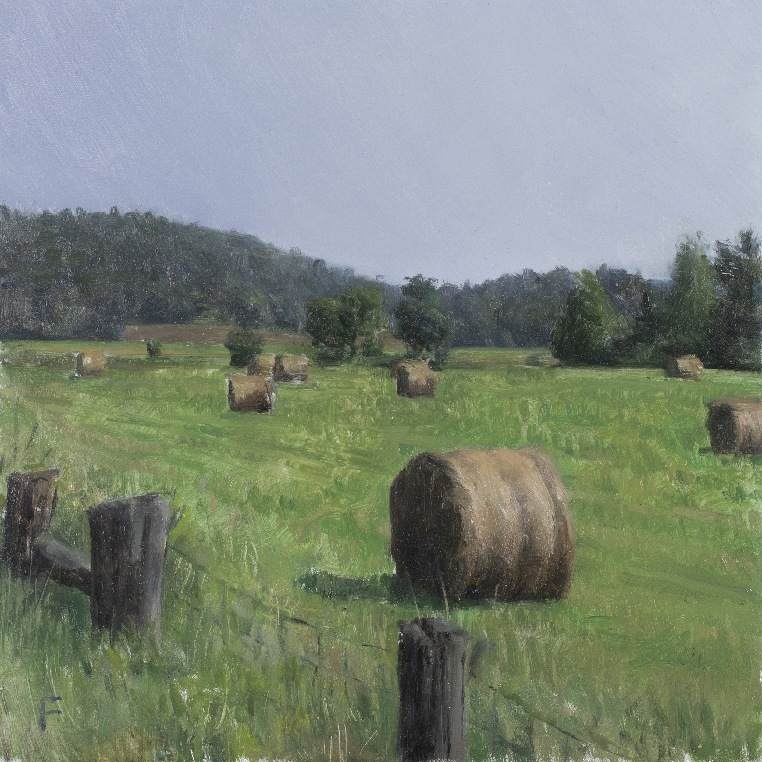 Field with Hay Bales (2024) by Quebec artist Fabrice Grimard. An oil painting on panel depicting a field with hay bales. Painted in the classical academic style.