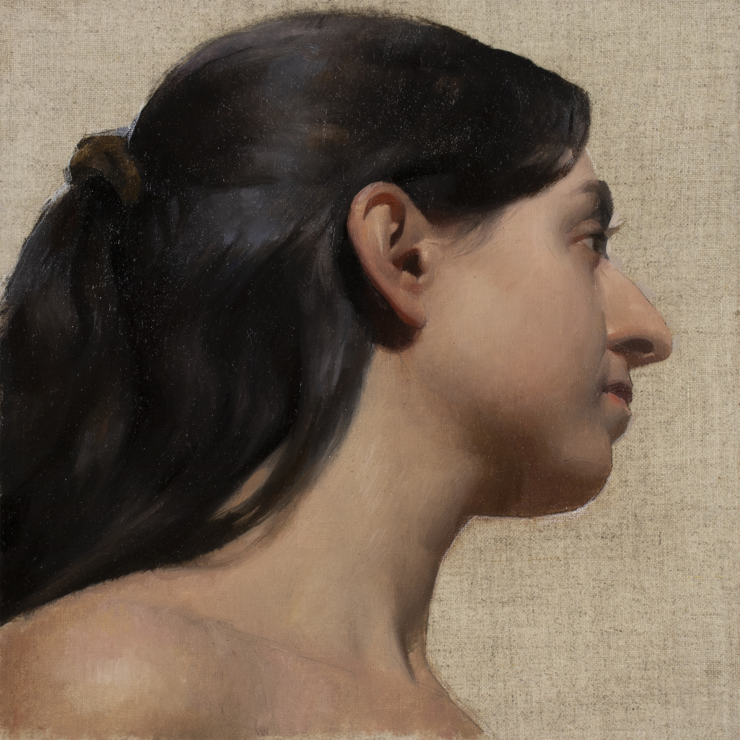 Izzi's side profile (2024) by Quebec artist Fabrice Grimard. An oil painting on canvas depicting the side profile of an woman. Painted in the classical academic style.