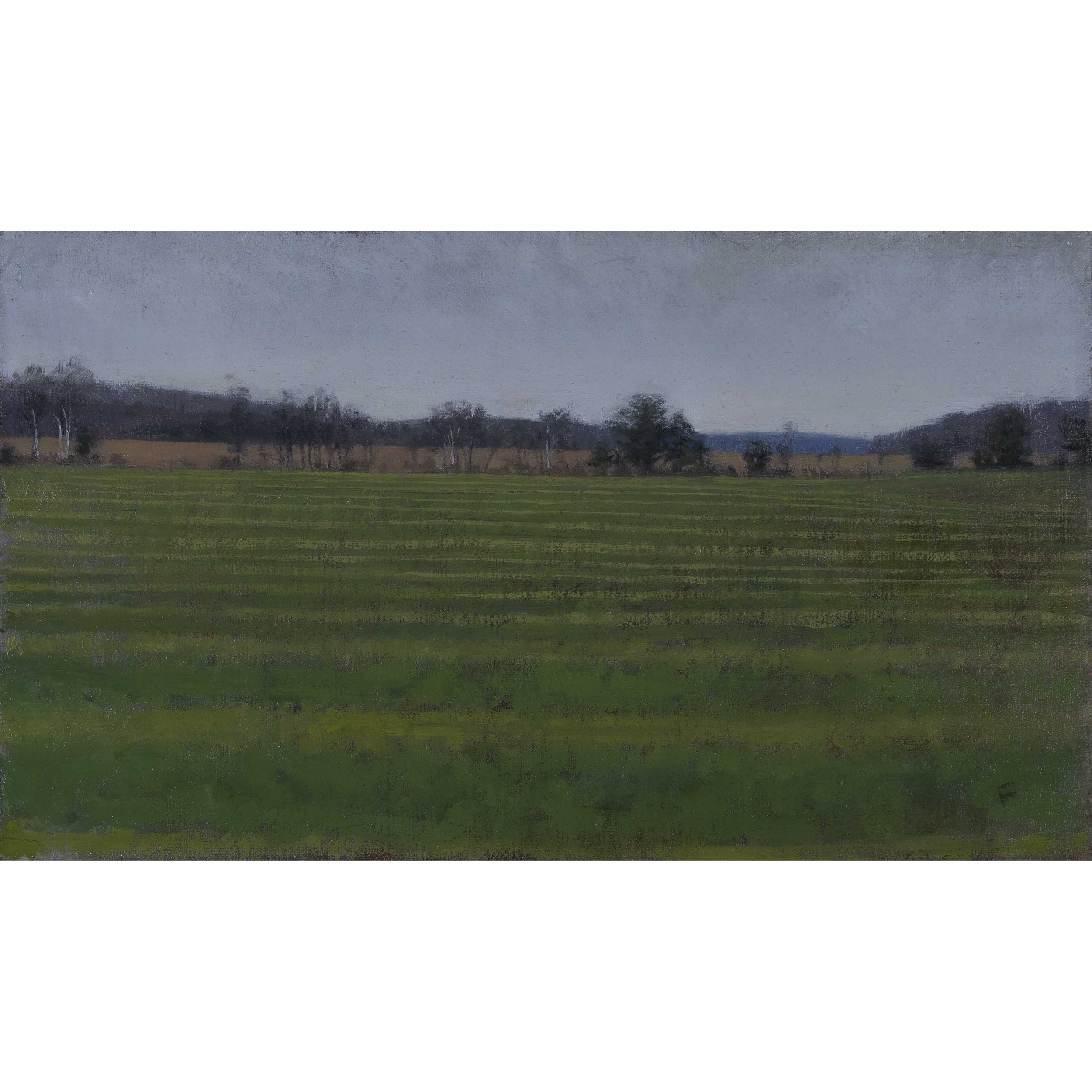 Overcast field (2025) by Quebec artist Fabrice Grimard. An oil painting on canvas depicting a field during an overcast day. Painted in the classical academic style.