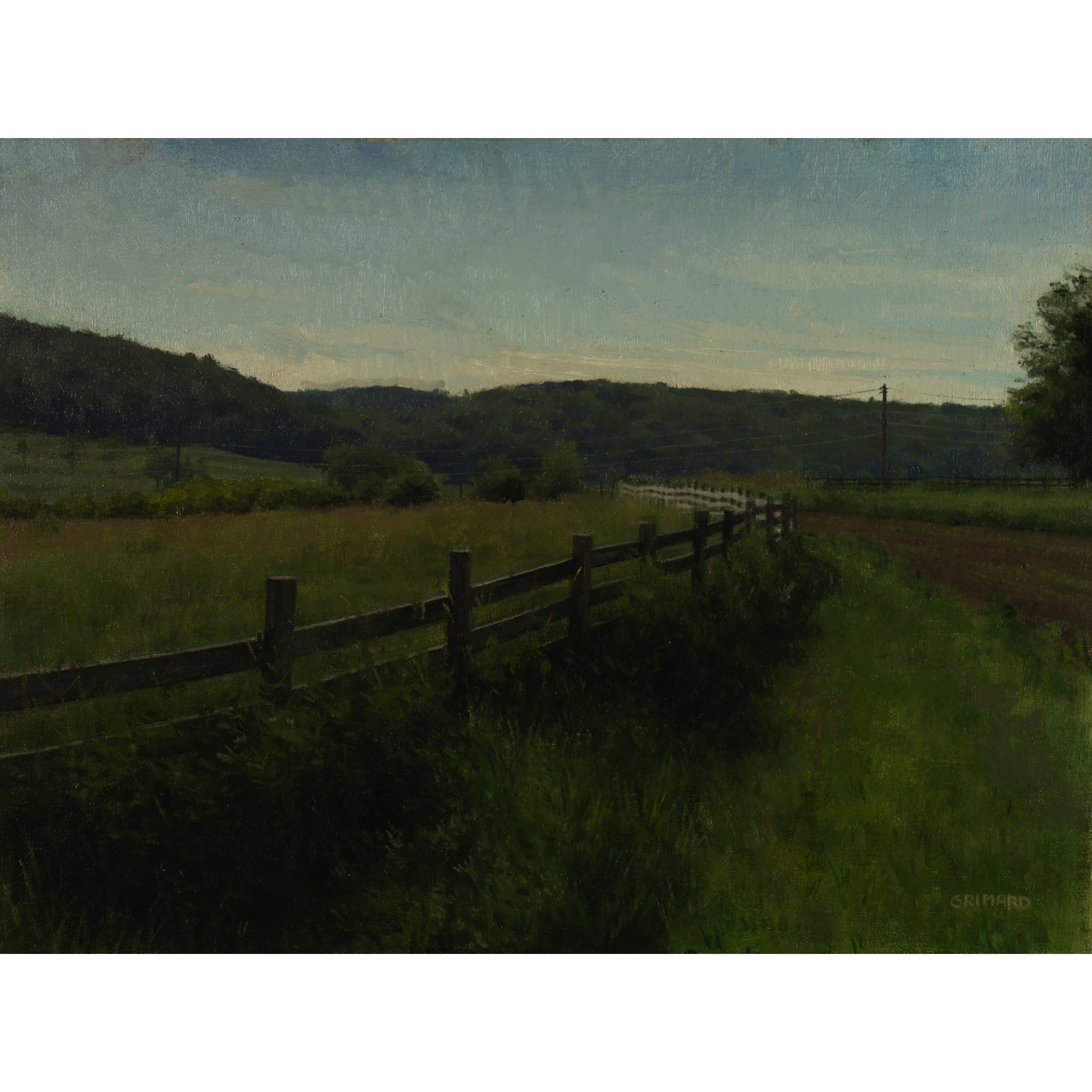 FairField Farm (2026) by Quebec artist Fabrice Grimard. An oil painting on canvas depicting a farm with a fence in perspective. Painted in the classical academic style.