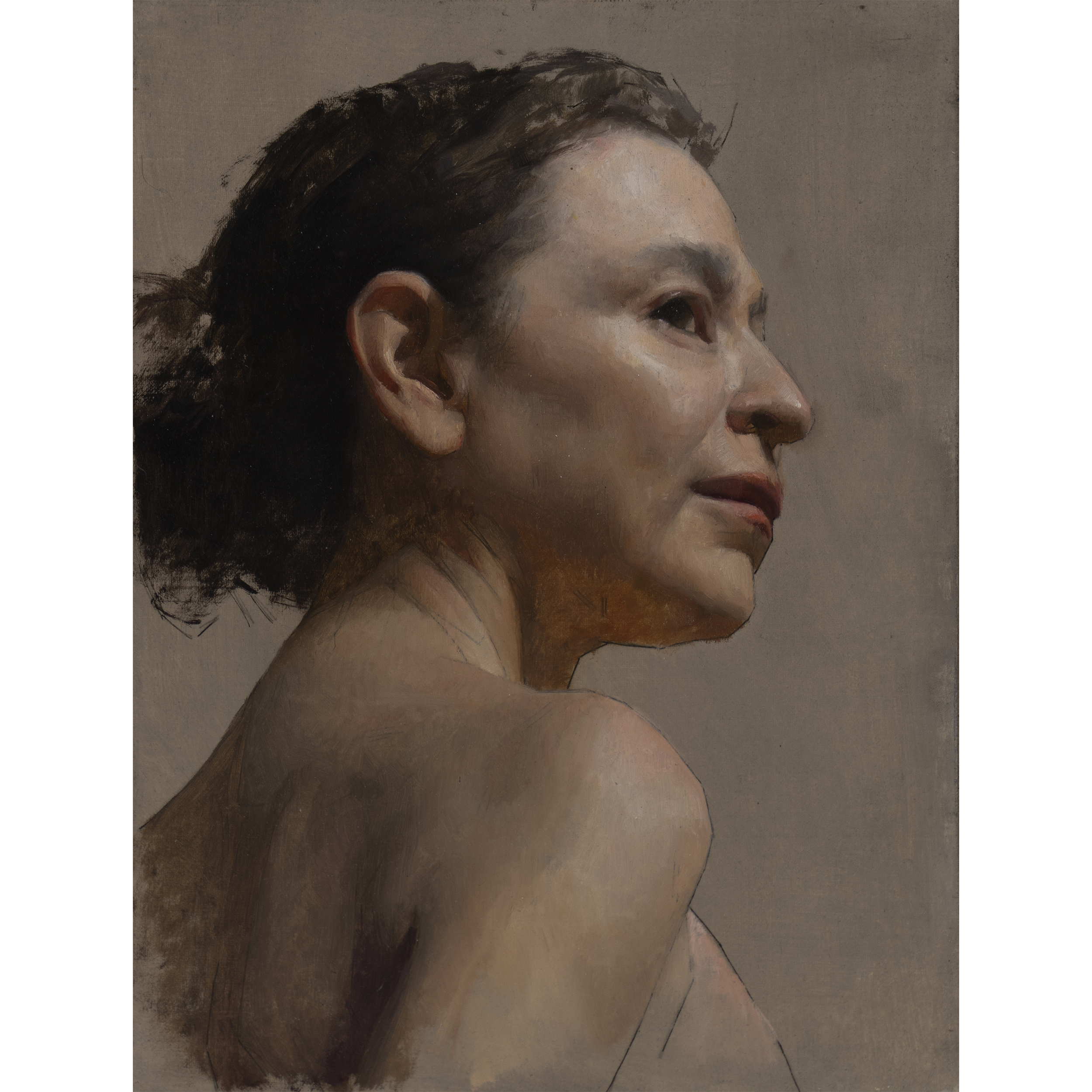 Portrait of Maria (2024) by Quebec artist Fabrice Grimard. An oil painting on canvas depicting a side profile of a woman. Painted in the classical academic style.
