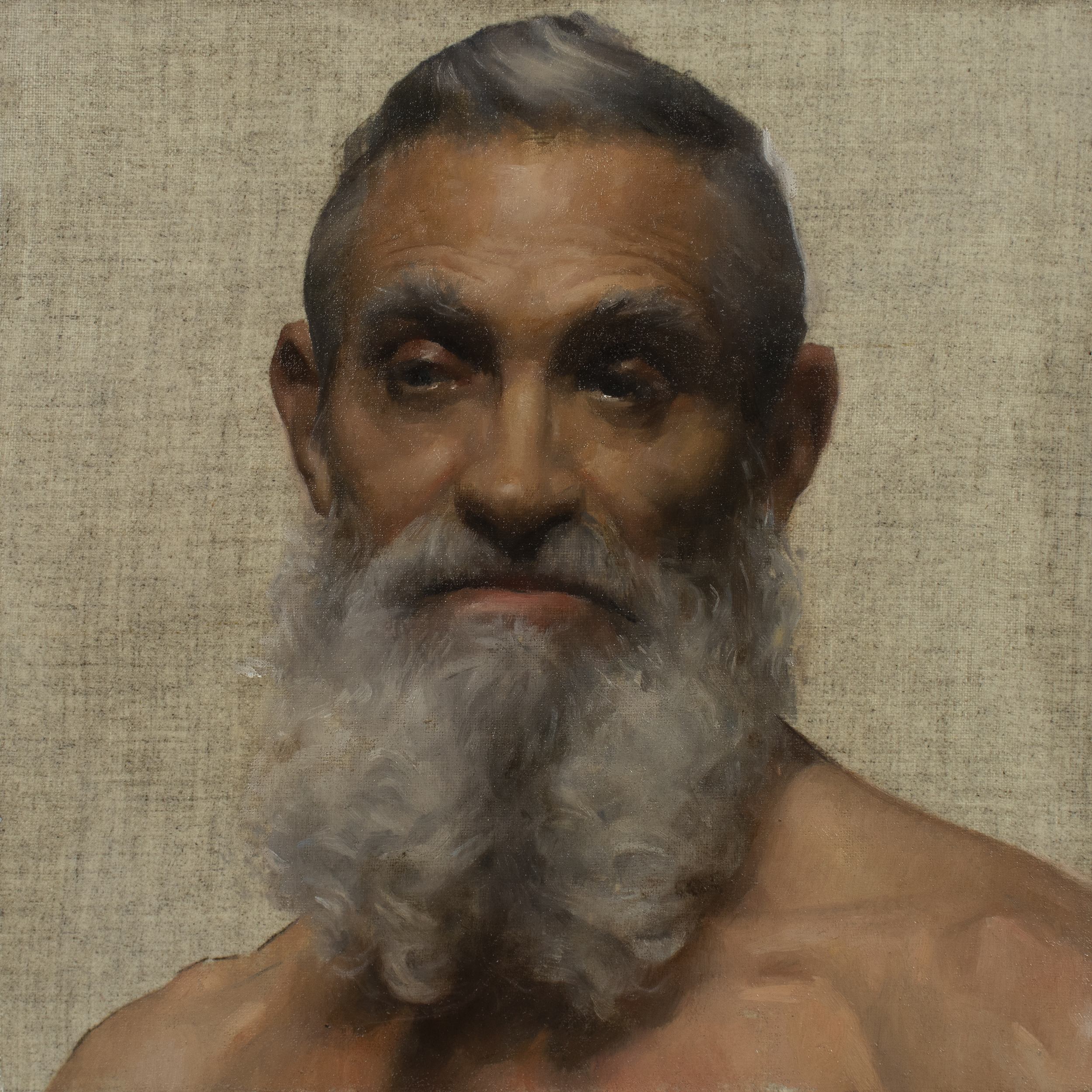 Portrait of Freddy (2024) by Quebec artist Fabrice Grimard. An oil painting on canvas depicting a portrait of an older man. Painted in the classical academic style.