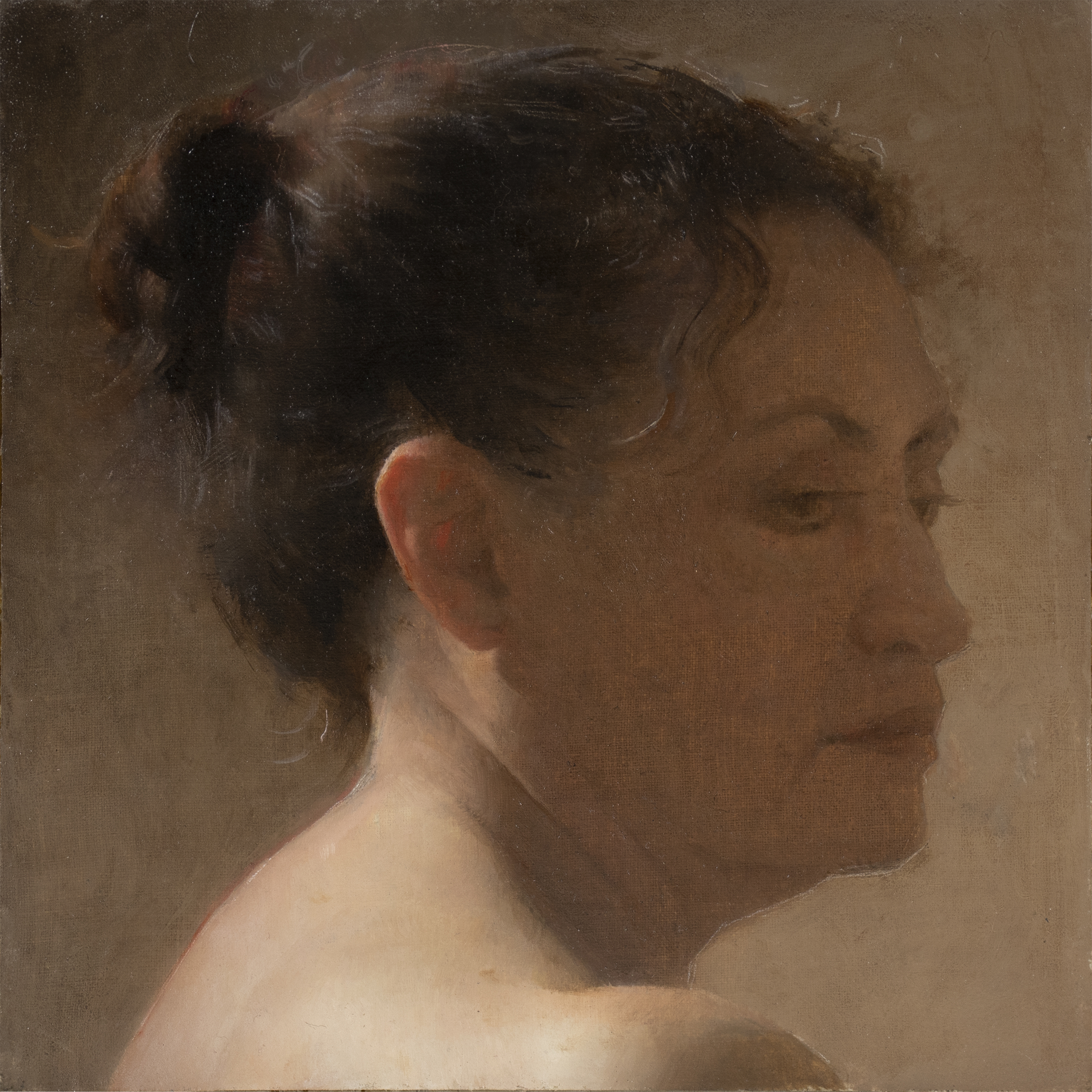 Side Profile of a Woman (2025) by Quebec artist Fabrice Grimard. An oil painting on canvas depicting the side profile of an old woman. Painted in the classical academic style.