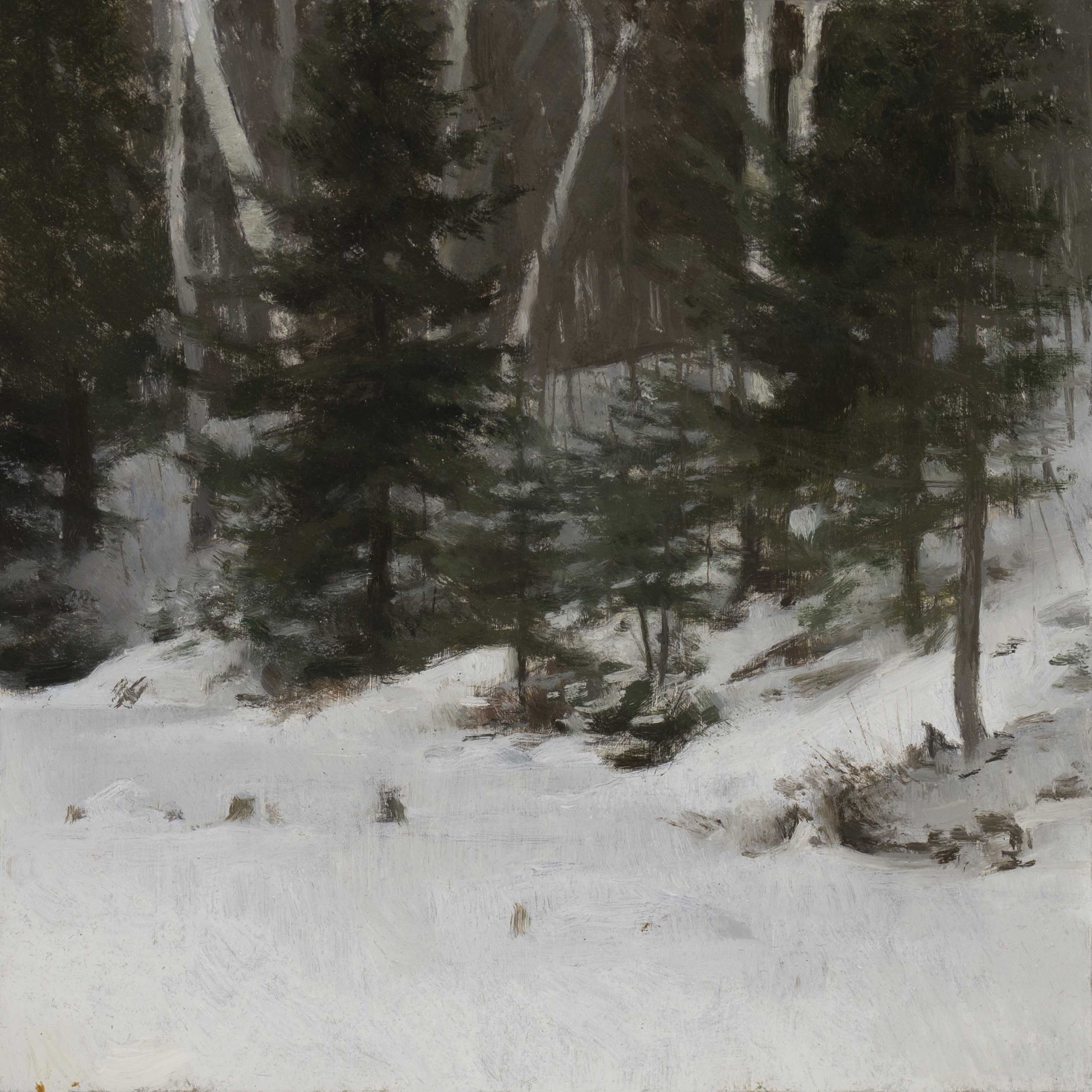 Lakeside During Winter (2024) by Quebec artist Fabrice Grimard. An oil painting on panel snowy lakeside. Painted in the classical academic style.