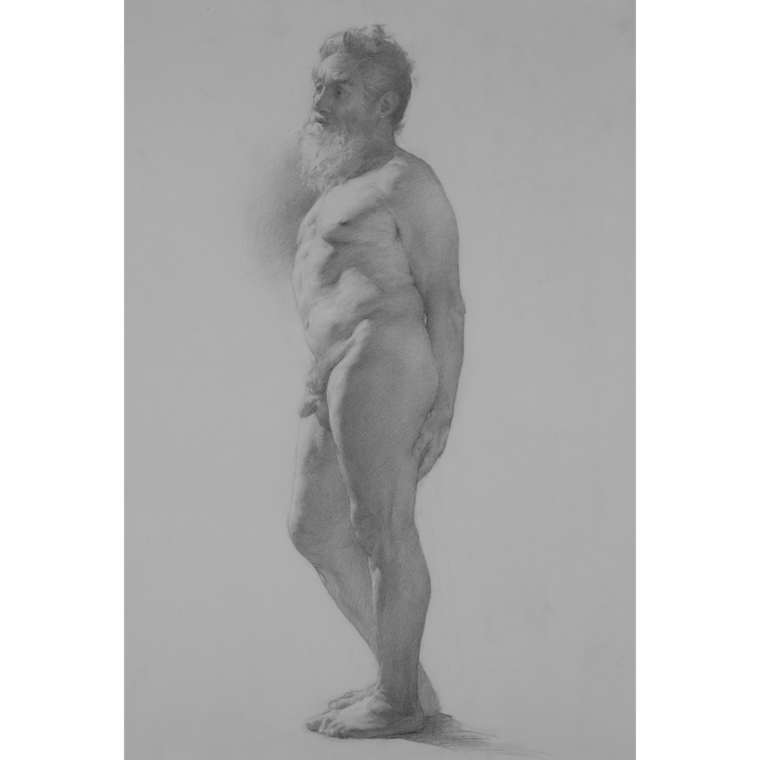 Freddy's Figure 2 (2024) by Quebec artist Fabrice Grimard. A graphite drawing on paper depicting the figure of an old man. Drawn in the classical academic style.