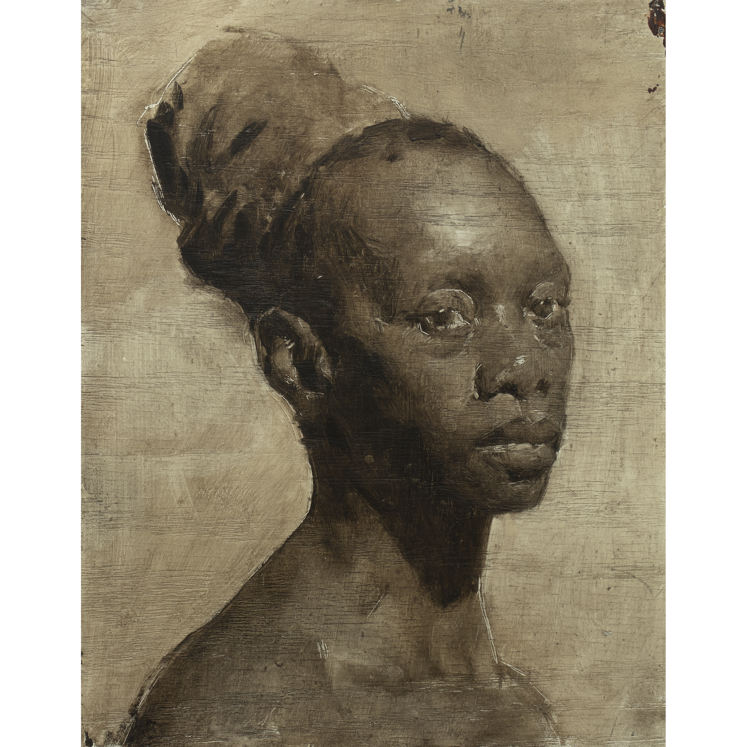 Monochromatic Portrait (2024) by Quebec artist Fabrice Grimard. An oil painting on panel depicting the monochromatic portrait of a black woman. Painted in the classical academic style.