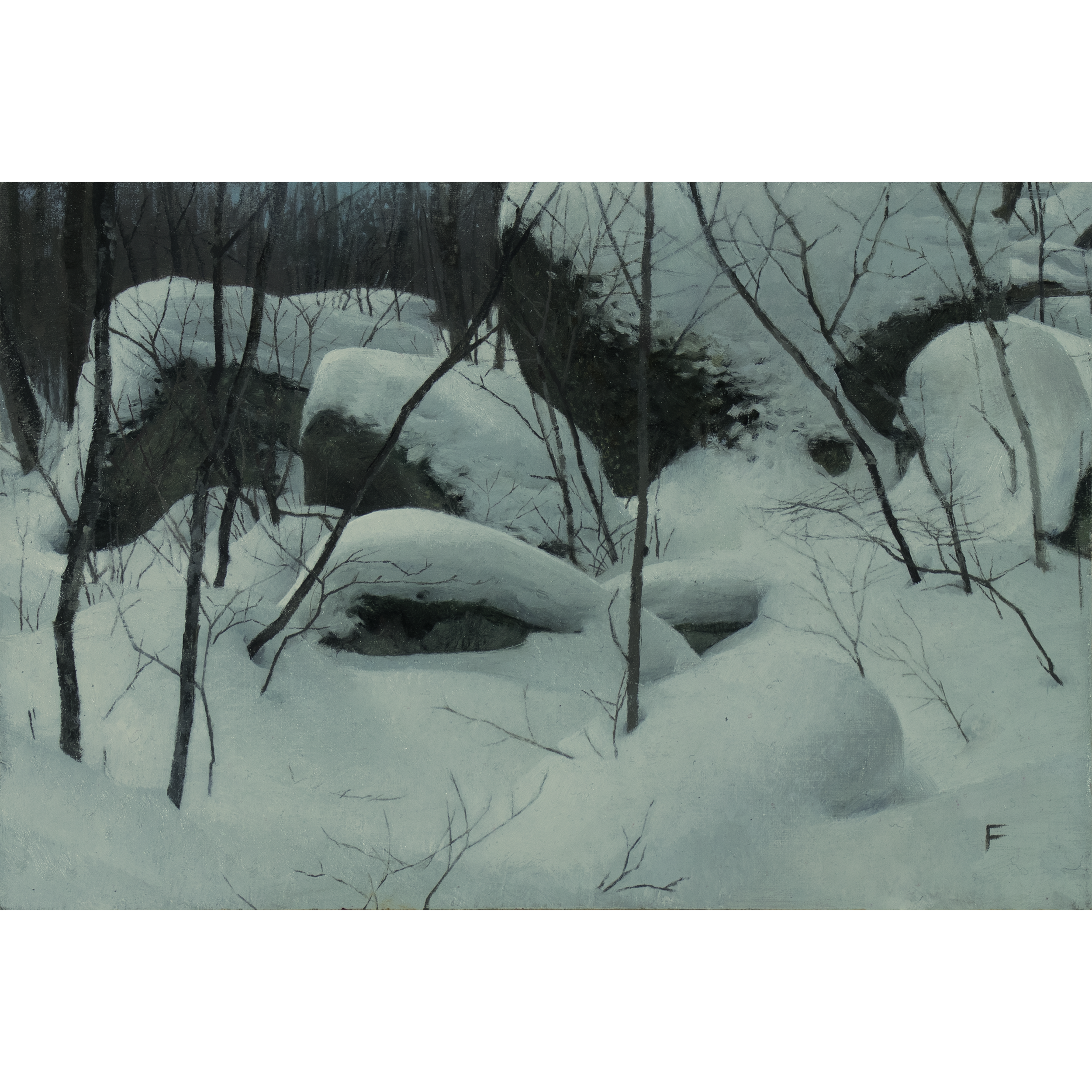 Snowy Boulders (2026) by Quebec artist Fabrice Grimard. An oil painting on canvas depicting a snowy forest interior with massive boulders. Painted in the classical academic style.