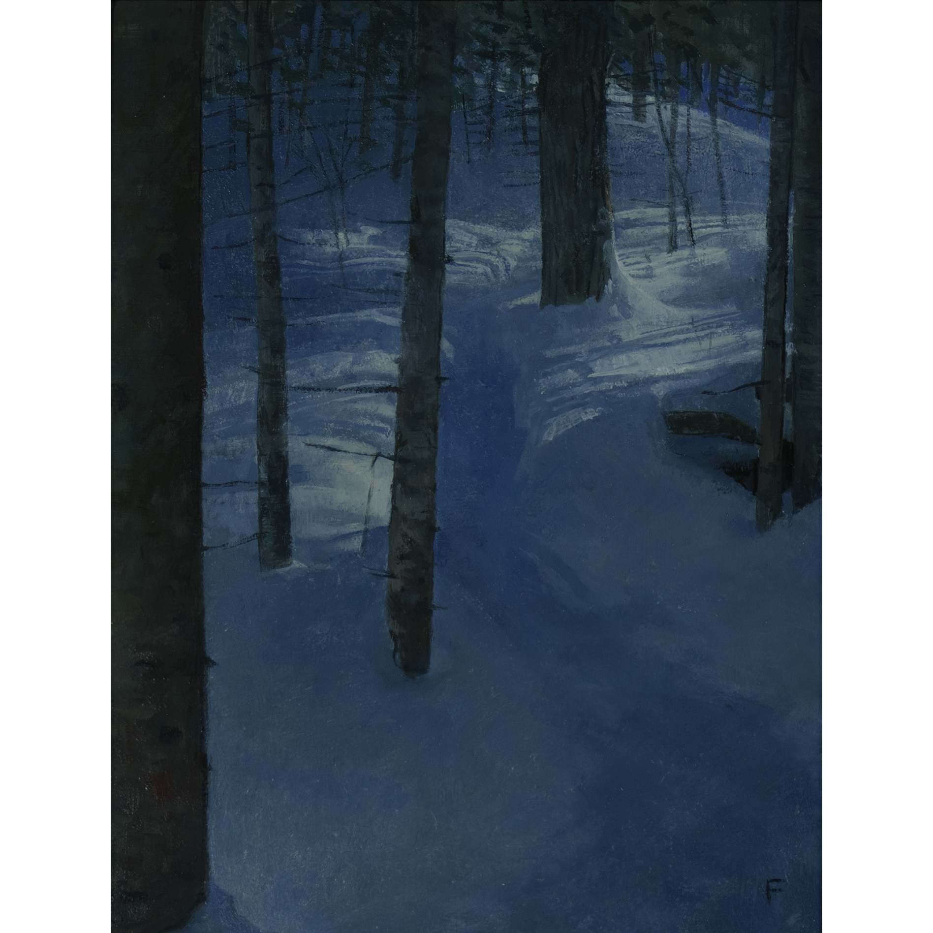 Light in the Forest (2026) by Quebec artist Fabrice Grimard. An oil painting on canvas depicting a snowy forest interior with dappled light. Painted in the classical academic style.