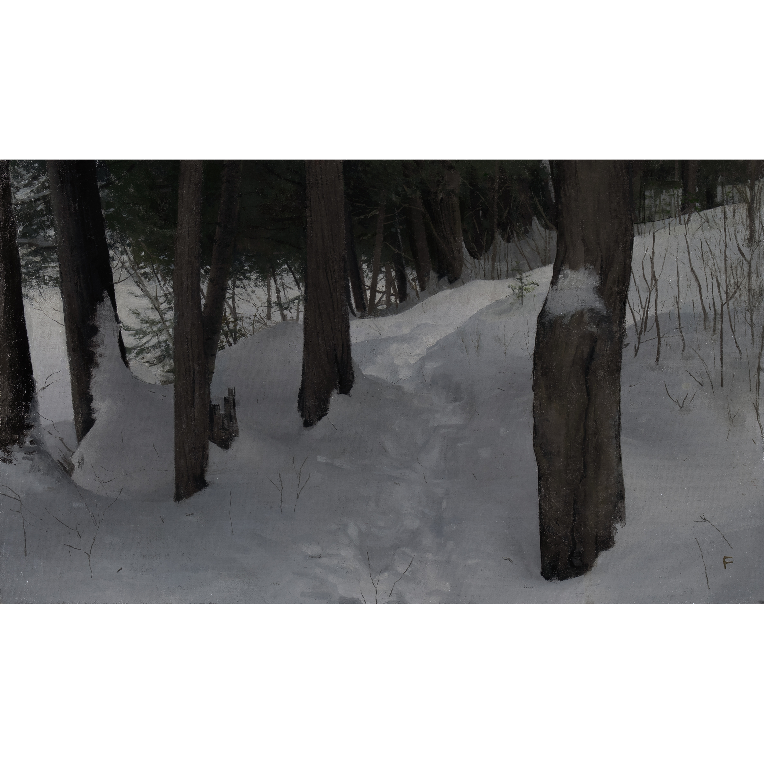 Path by the lake (2025) by Quebec artist Fabrice Grimard. An oil painting on canvas depicting a snowy forest interior with a path in the snow. Painted in the classical academic style.