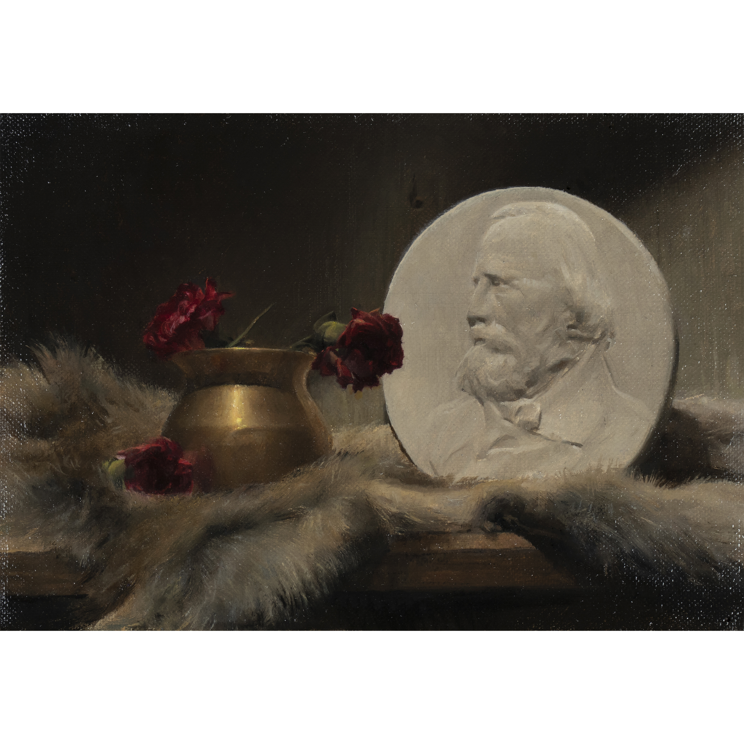 Flower and Cast (2024) by Quebec artist Fabrice Grimard. An oil painting on canvas depicting a cast and some flowers. Painted in the classical academic style.
