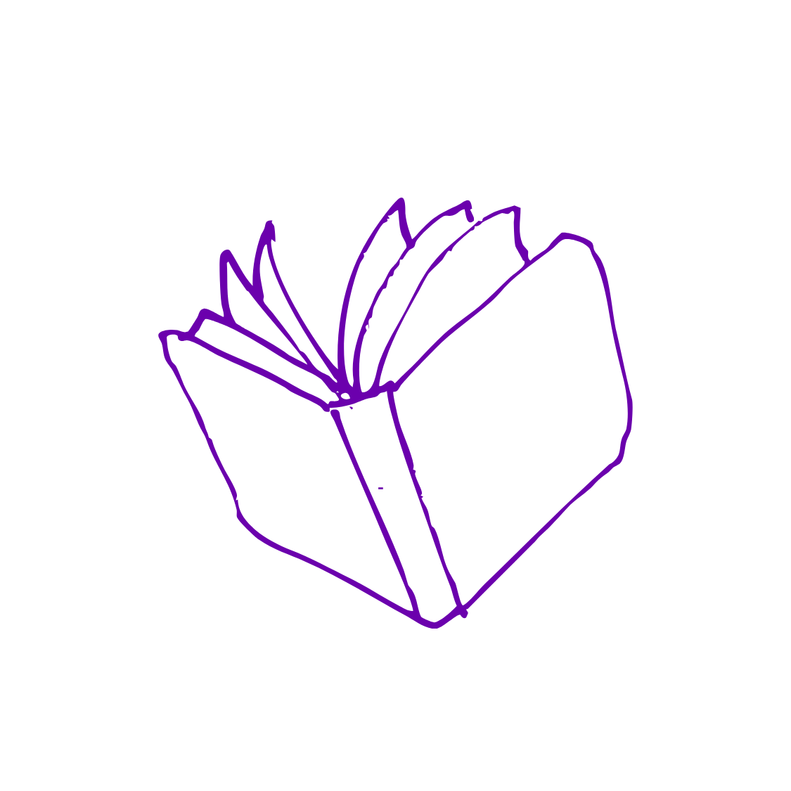 Outline of an open book drawn with purple lines, with pages fanning out.