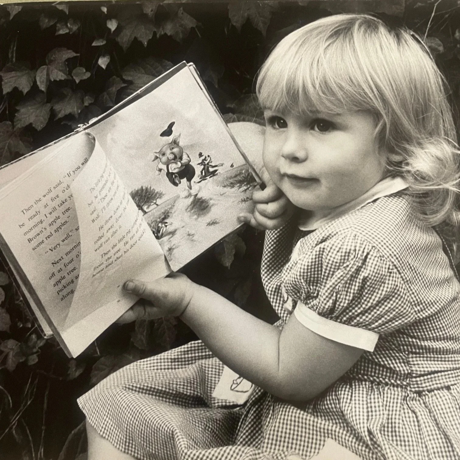 A young girl with light curly hair and a checkered dress is sitting outdoors, reading a book with illustrations. She is holding the book open and appears to be engaged with the story, with a background of leaves.