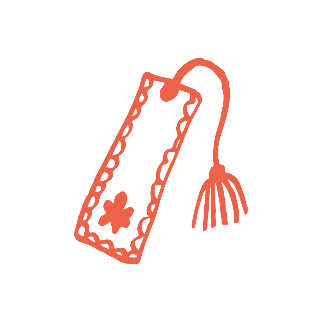 A red line drawing of a luggage tag with a star shape and a tassel on a black background.