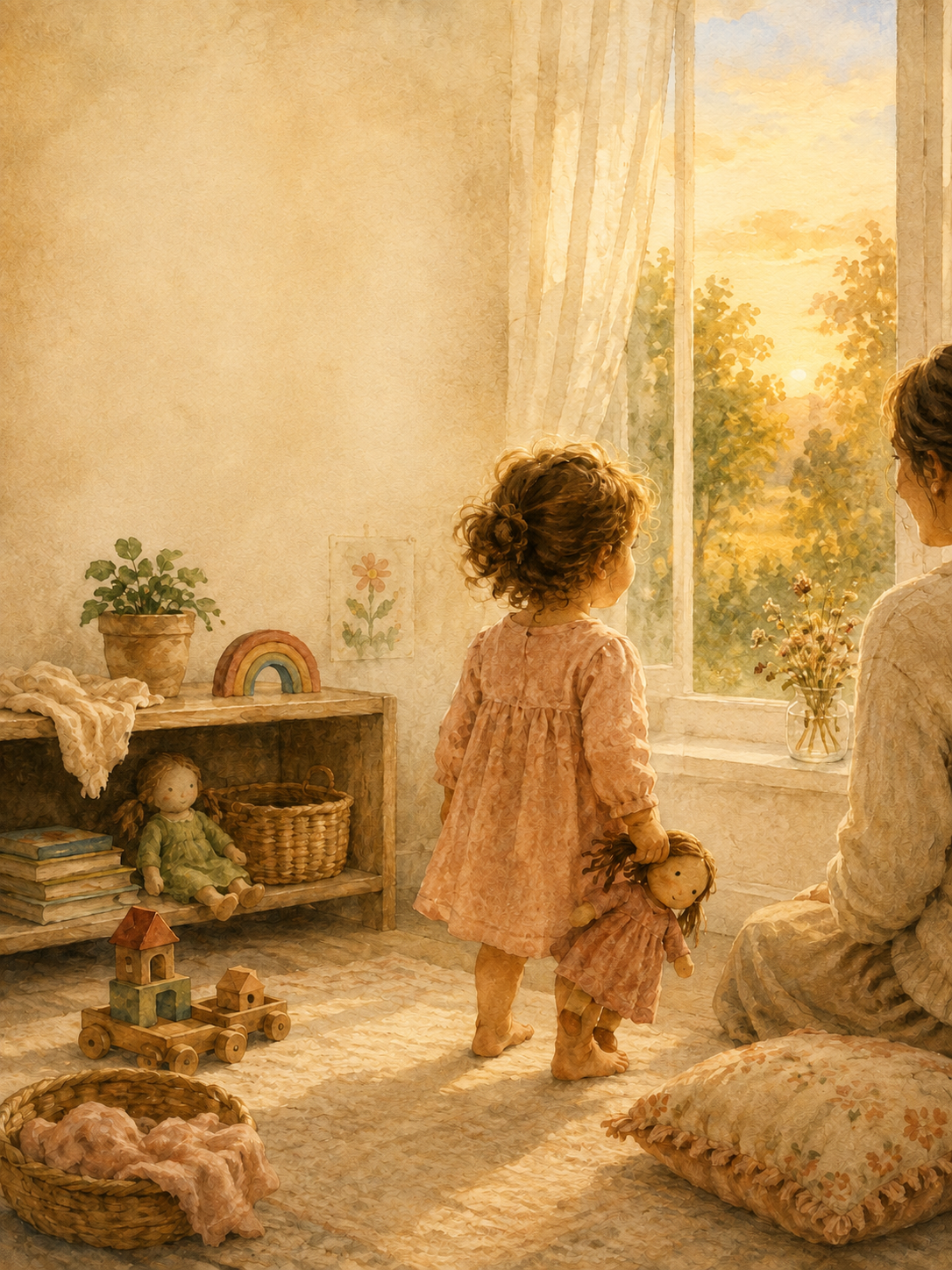 Soft watercolor illustration of a young child holding a Waldorf-style doll beside a window in warm late-afternoon light, with a caregiver sitting nearby.