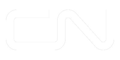 White stylized logo on a black background