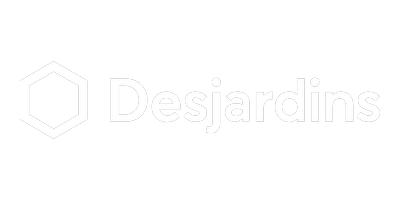 Desjardins logo with a hexagon icon and company name in white on a black background.