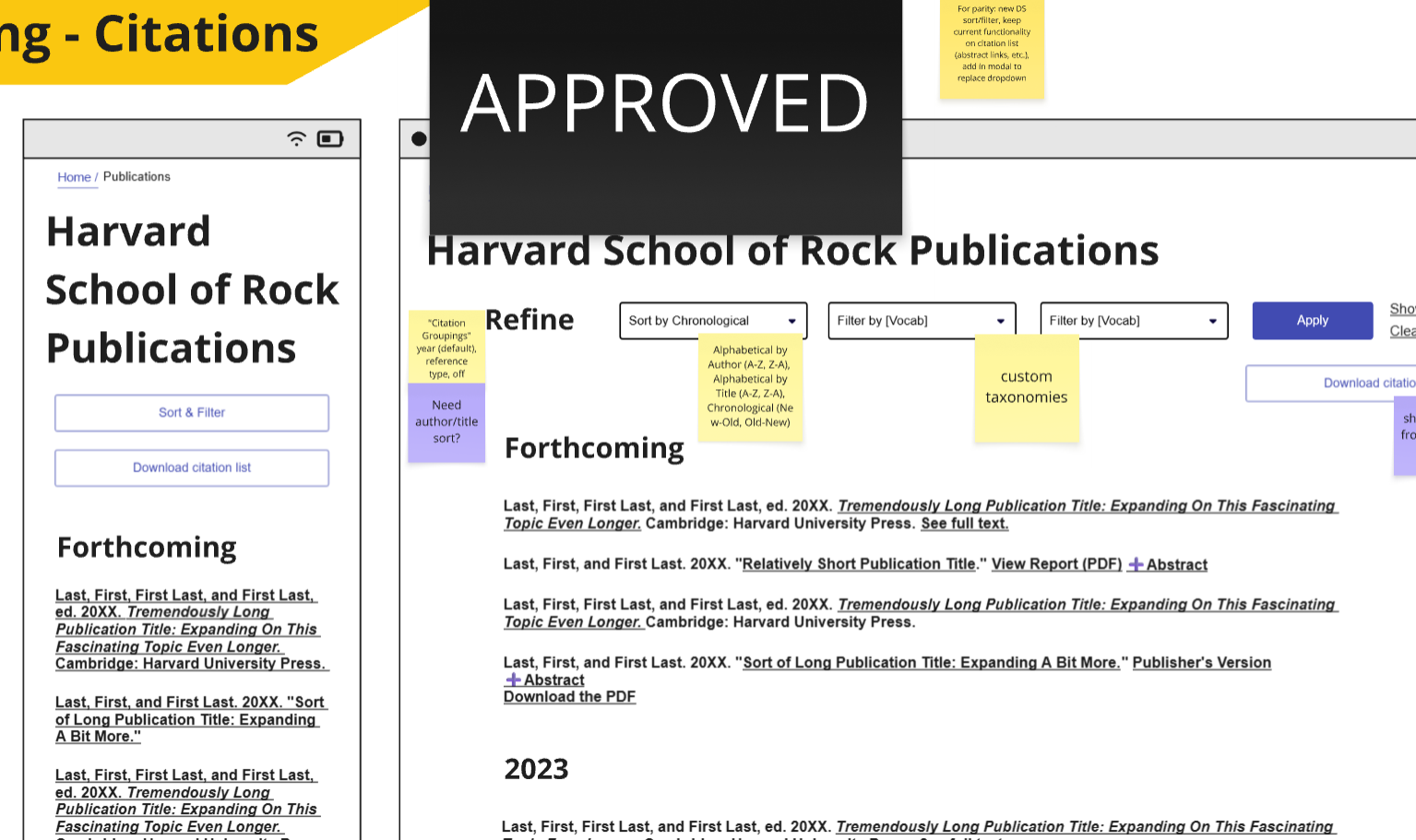 The product team's notes about functionality and design decisions on the publication wireframe.