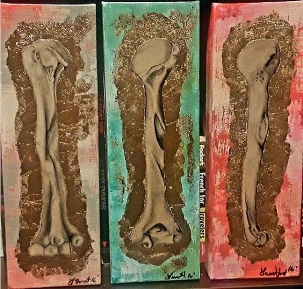 Bone Study 5. Acrylic, graphite, chalk, and gold leaf on canvas. 2010.