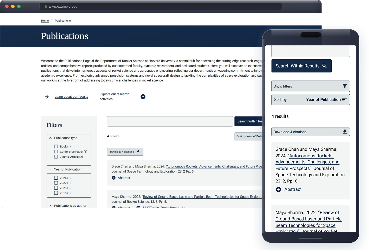 The final prototype of HarvardSites Drupal's publications listing pages on desktop and mobile.
