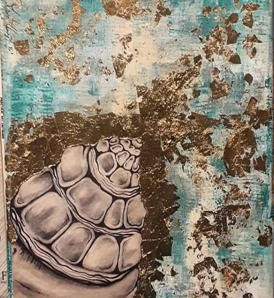 Seashell. Acrylic, charcoal, graphite, chalk, gold leaf on canvas. 2013.