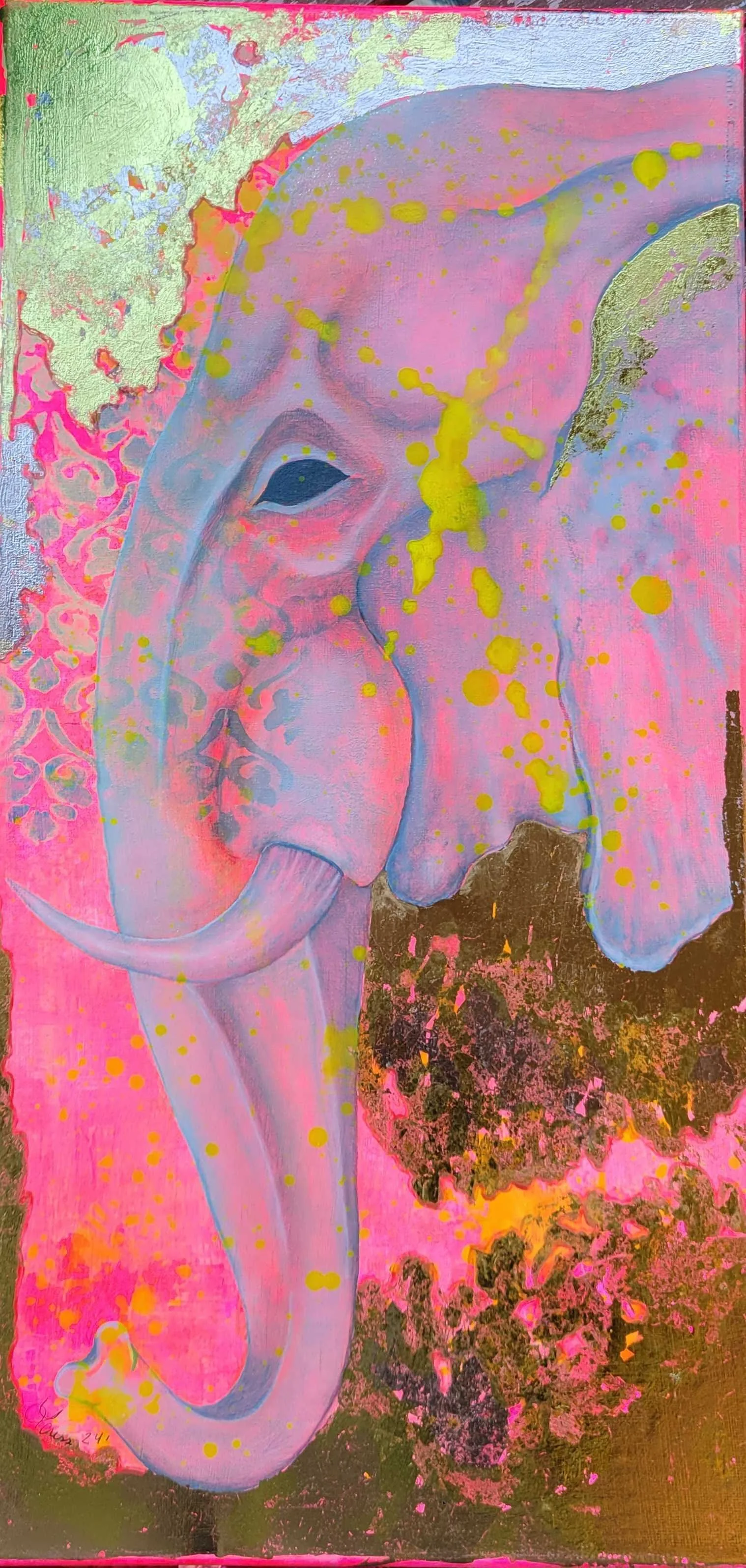 Mother's Elephant. Oil, acrylic, and gold leaf on canvas. 2024